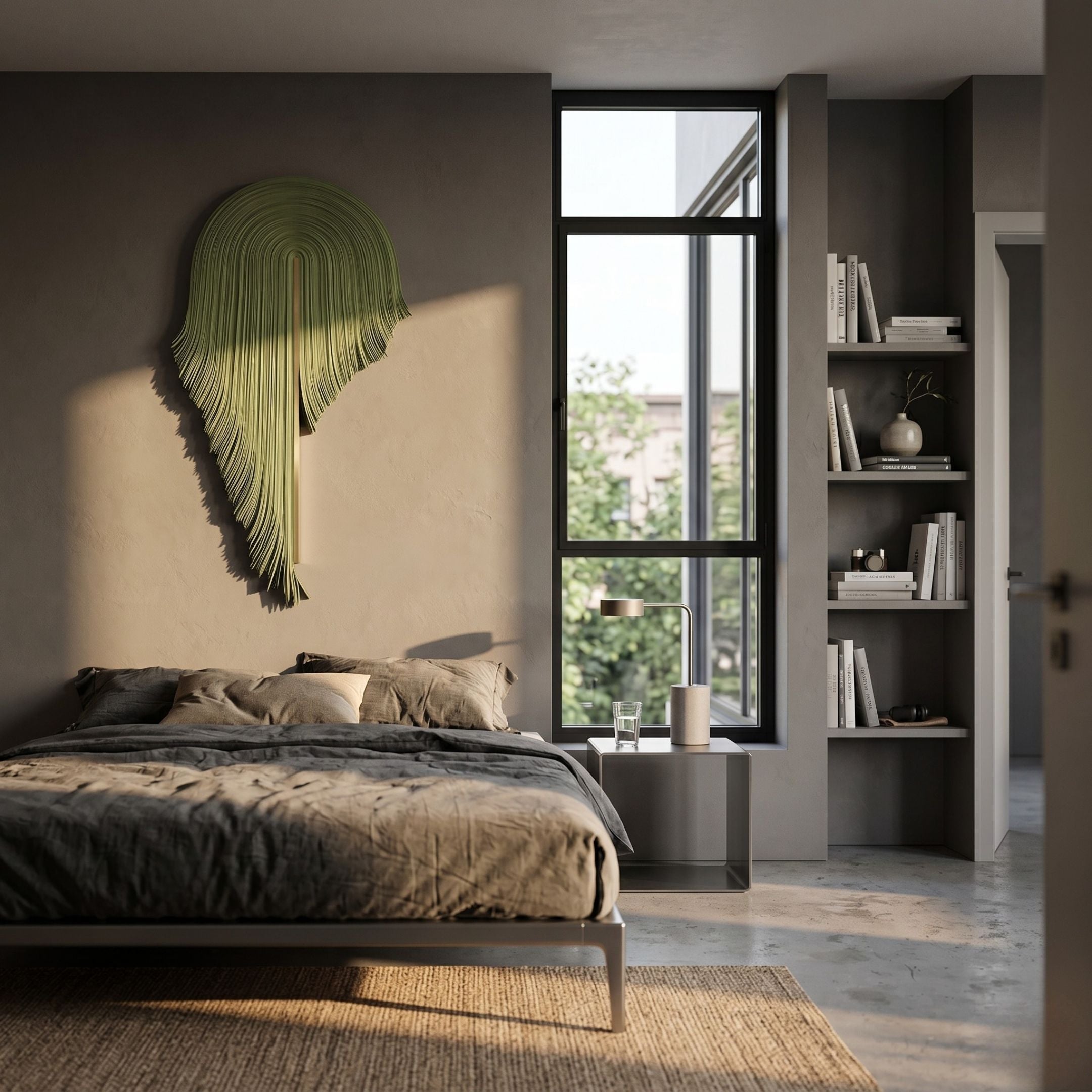 Arclune Olive Drift Sculptural Felt 3D Wall Art by Giant Sculptures, mounted above a linen-dressed bed in a wabi-sabi bedroom with a tall window and shelving.
