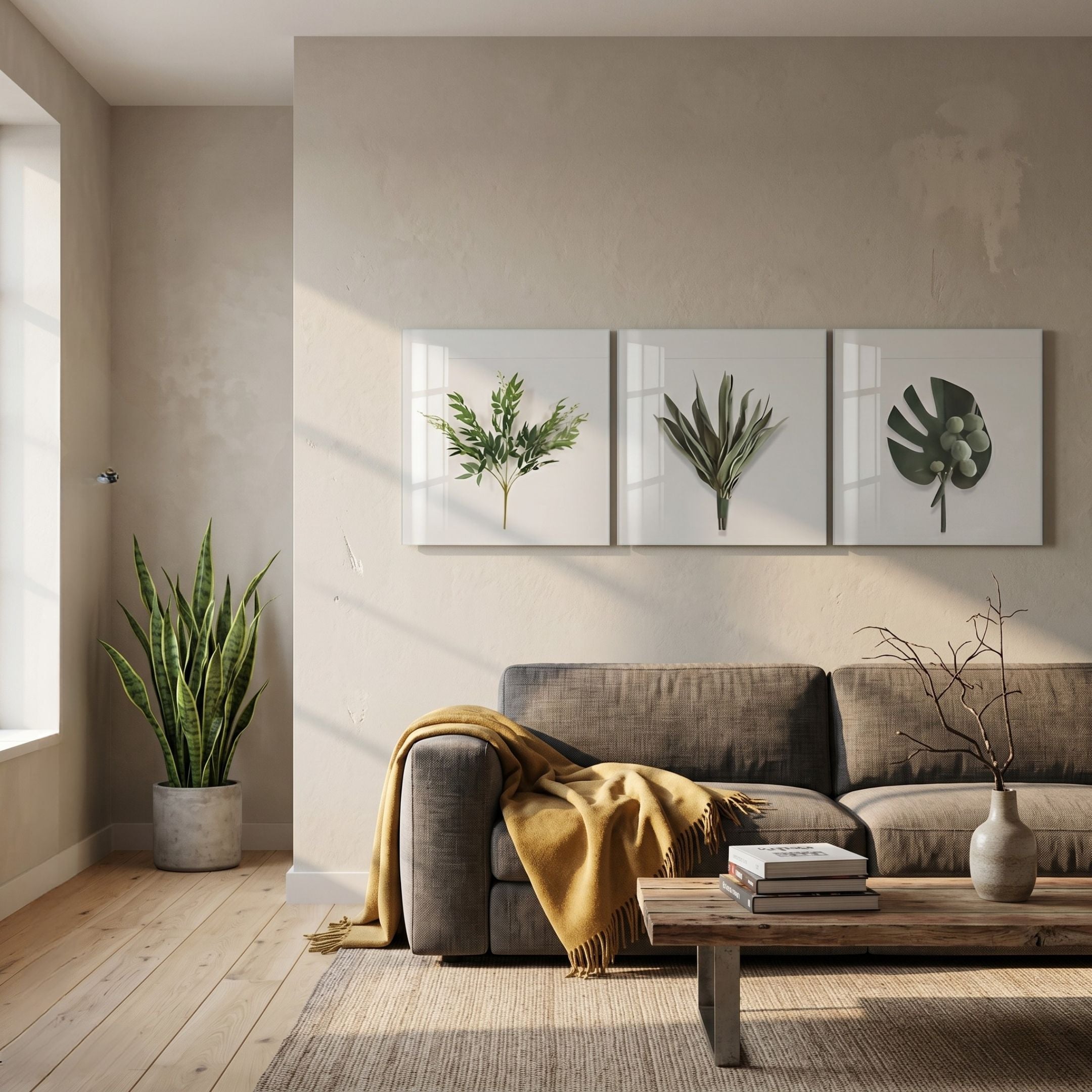 Florvara Botanical Leaves 3-Panel Clear Acrylic 3D Wall Art by Giant Sculptures displayed above a grey sofa in a sunlit Nordic living room with snake plant.