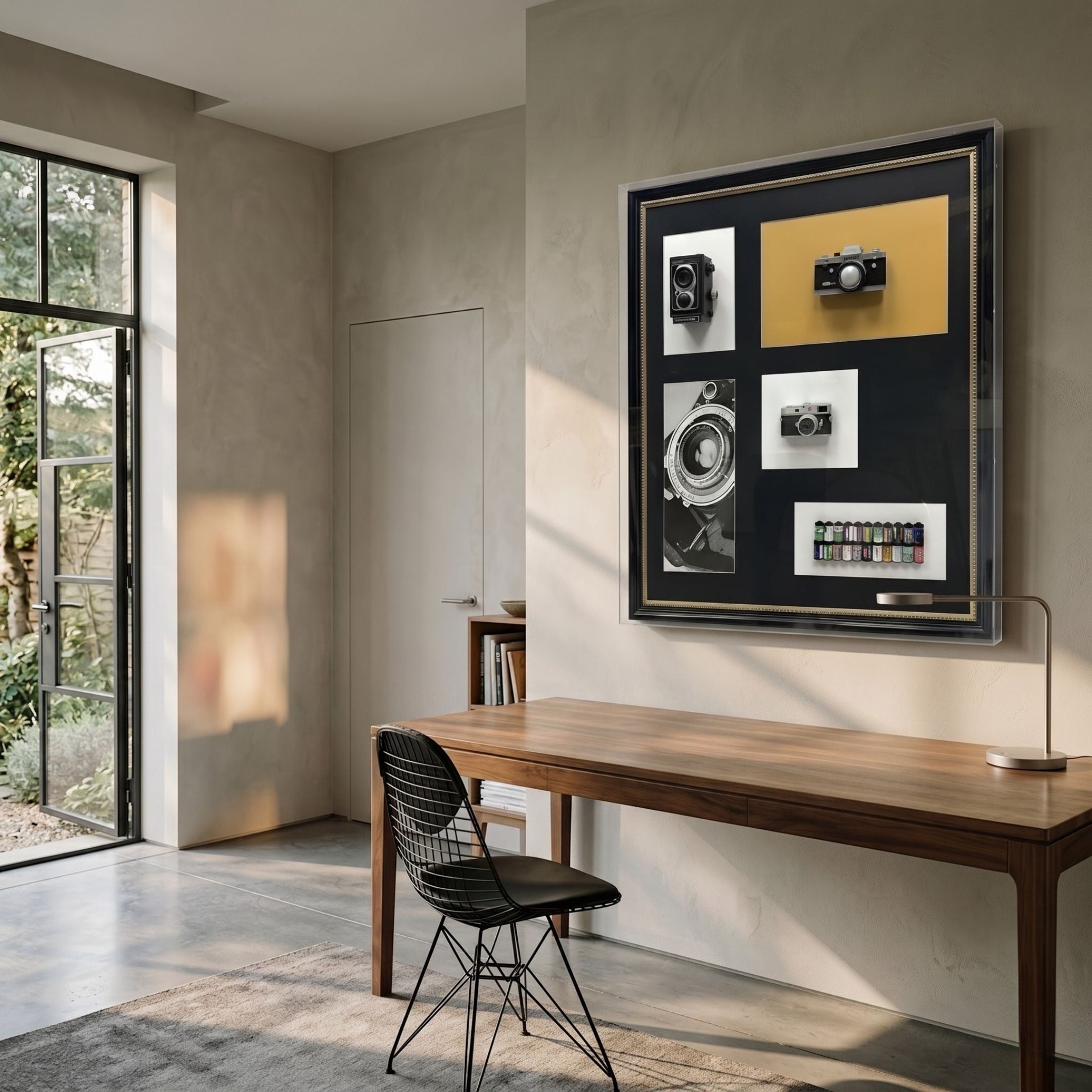 Fotera Vintage Camera Black Framed 3D Wall Art by Giant Sculptures displayed above a wooden desk with black wire chair in a sunlit modern office.