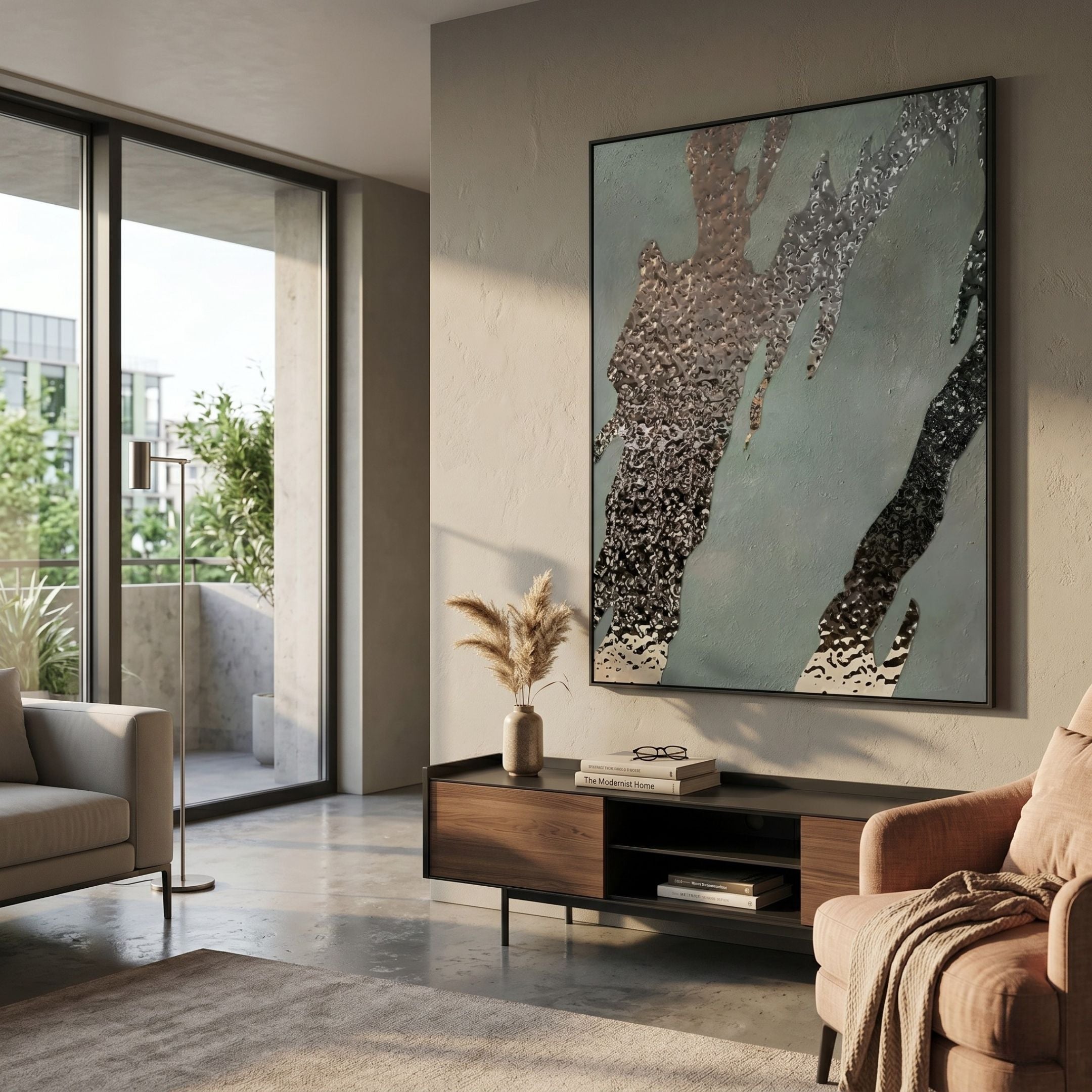 Metallura Green & Silver Metallic Flow Abstract 3D Wall Art mounted above a walnut console in a sunlit modern living room with armchair and balcony view.