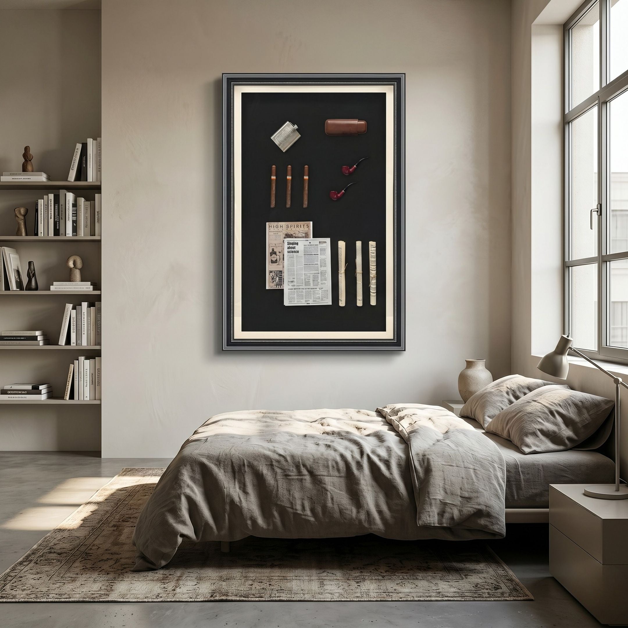 Vintor Gentleman Pipe, Cigar & Heritage Framed Wall Art by Giant Sculptures displaying a flask, cigars, pipes and clippings, hung above a bed in a neutral bedroom.