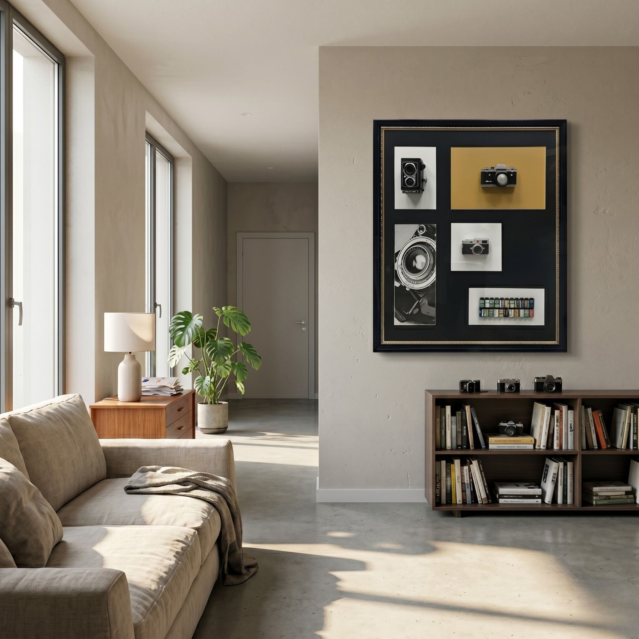 Fotera Vintage Camera Acrylic Box 3D Wall Art by Giant Sculptures displayed on a cream wall above a wooden bookshelf in a modern living room.
