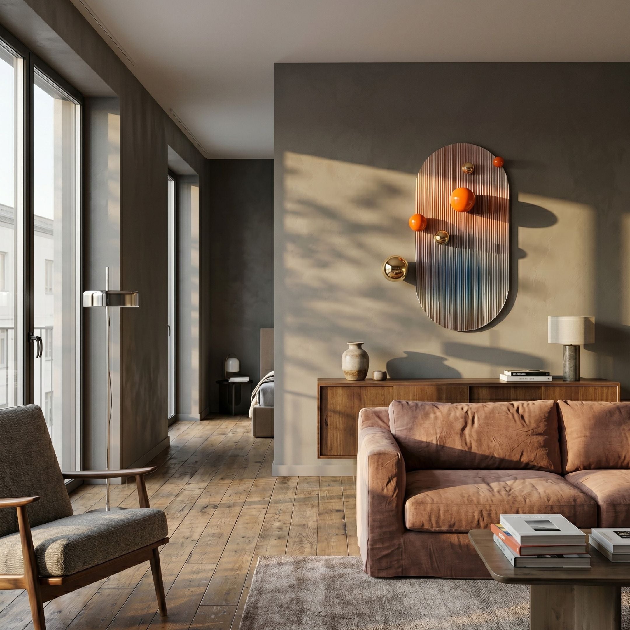 Virellon Rose Gradient 3D Wall Art with gold and orange metal balls mounted above a wooden sideboard in a warm-toned living room with brown sofa.