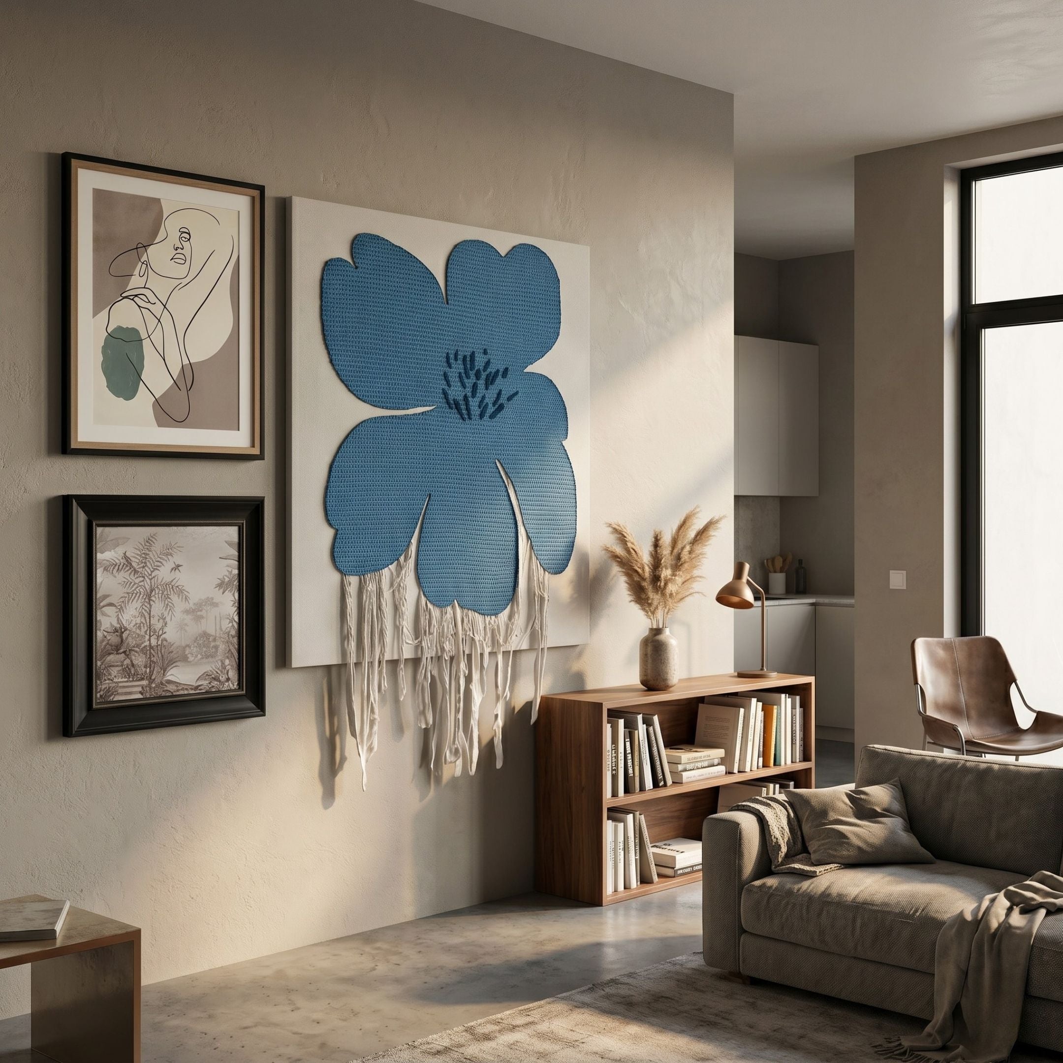 Florayne 3-Set Blue Woven Textured 3D Wall Art by Giant Sculptures displayed in a modern living room with a bookshelf, sofa, and leather chair.
