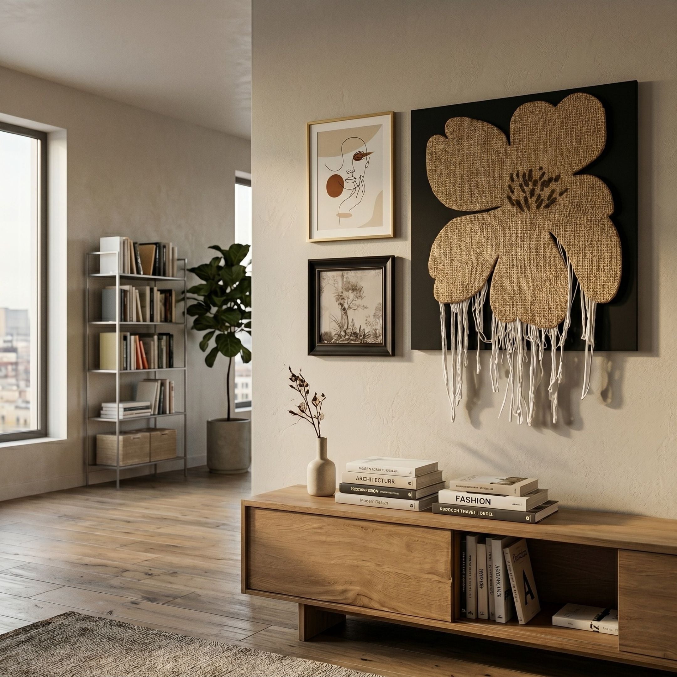 Florayne 3-Set Ochre Woven Textured 3D Wall Art by Giant Sculptures displayed in a modern living room above a wooden console with books and bookshelf nearby.