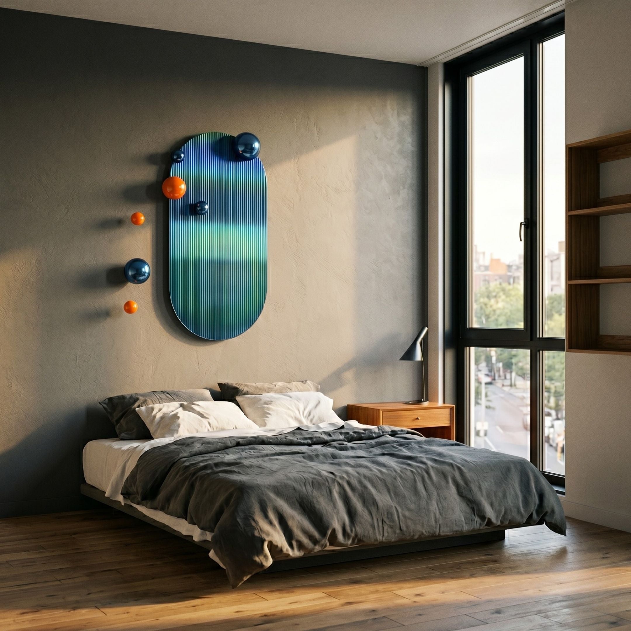 Virellon Blue Gradient 3D Wall Art mounted above a low platform bed, with navy and orange metal balls scattered across the striped panel beside a window.