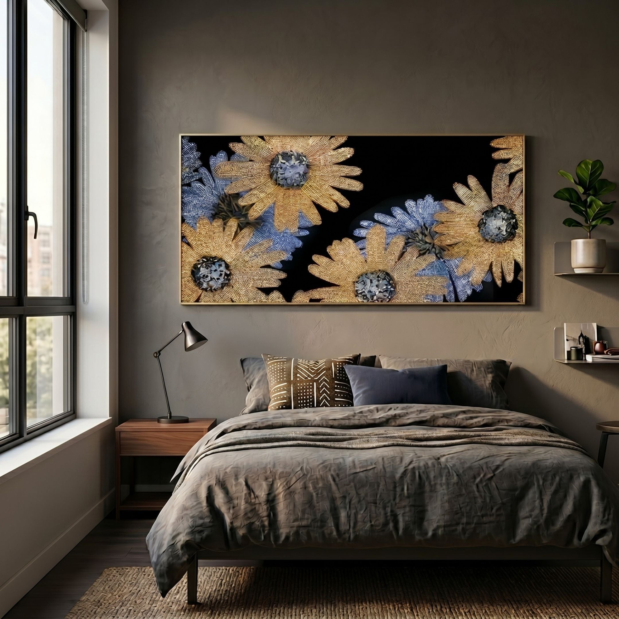 Floravida Gold & Blue Crystal Daisy Floral 3D Wall Art mounted above a bed with grey linens, framed by a window, nightstand with lamp, and shelved plant.