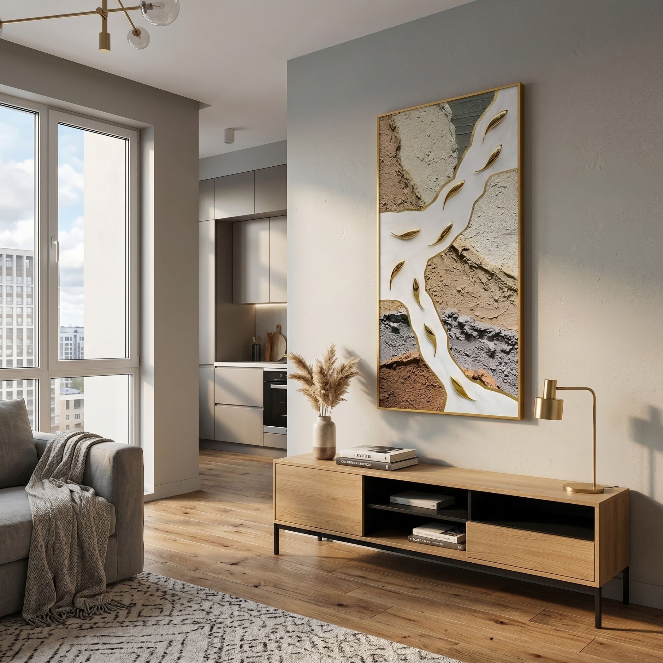 Pisaro Gold Fish Earthy Layers & White Oil Canvas 3D Wall Art by Giant Sculptures displayed above a wooden console in a modern living room with kitchen view.