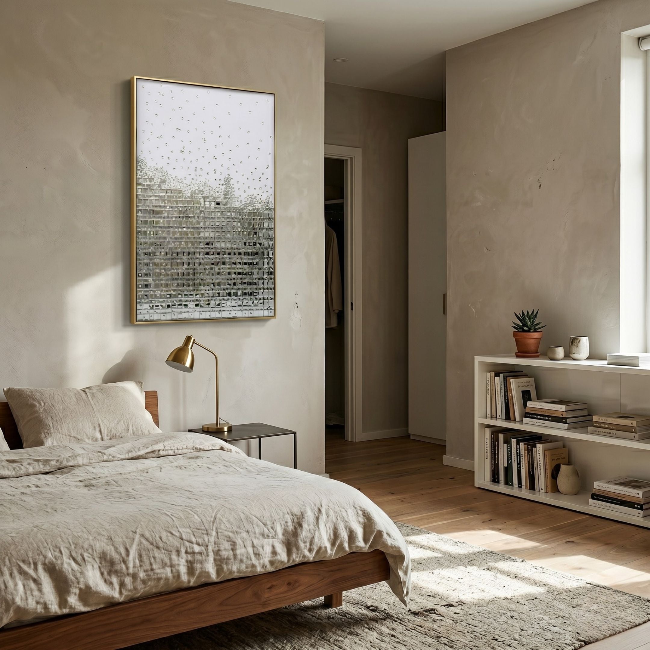 Lumicast Silver Cascade Crystal Lens 3D Wall Art by Giant Sculptures in a gold frame above a wooden bed in a neutral bedroom with a brass lamp and bookshelf.
