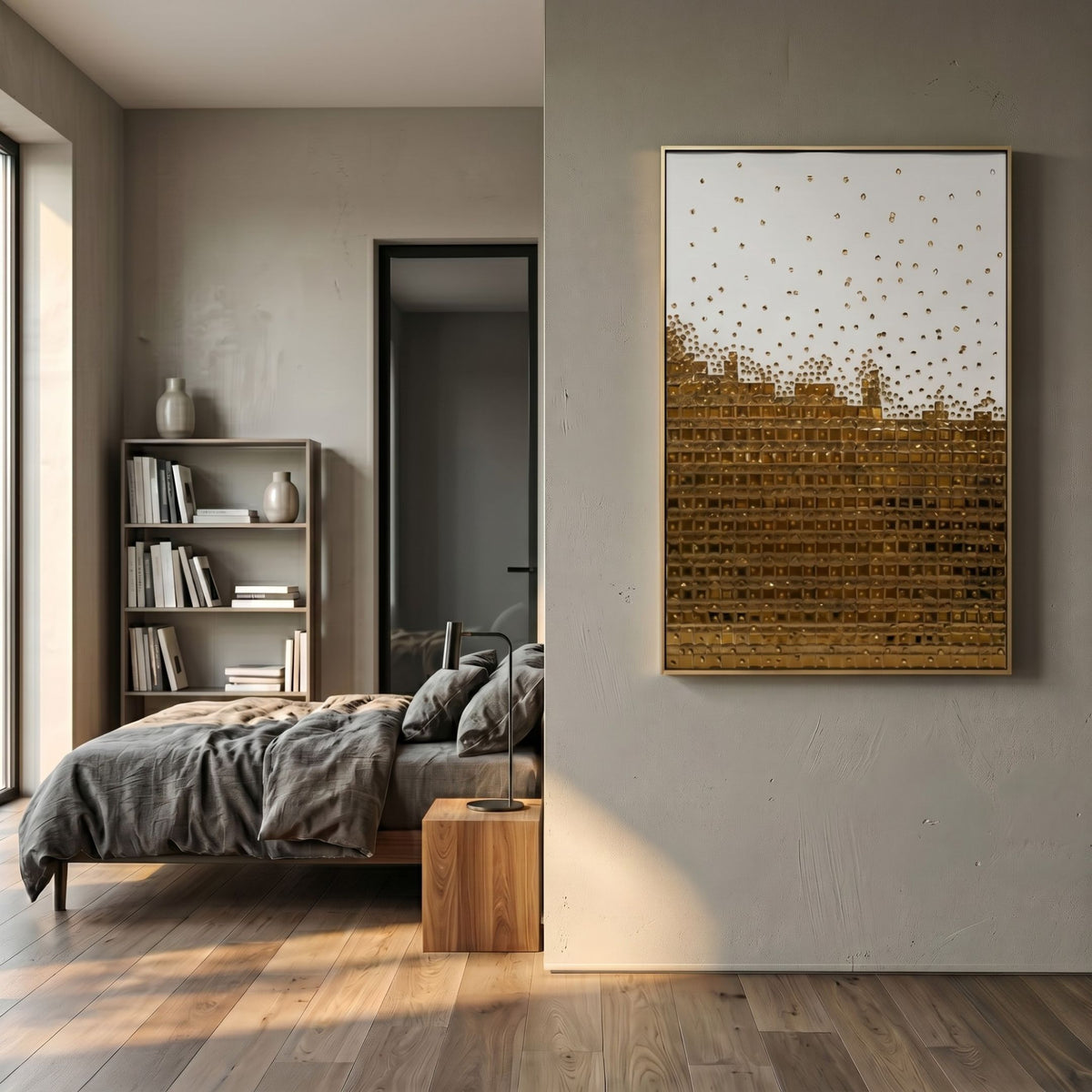 Lumicast Gold Cascade Crystal Lens 3D Wall Art by Giant Sculptures displayed in a modern bedroom with grey linens, wooden floor, and bookshelf.