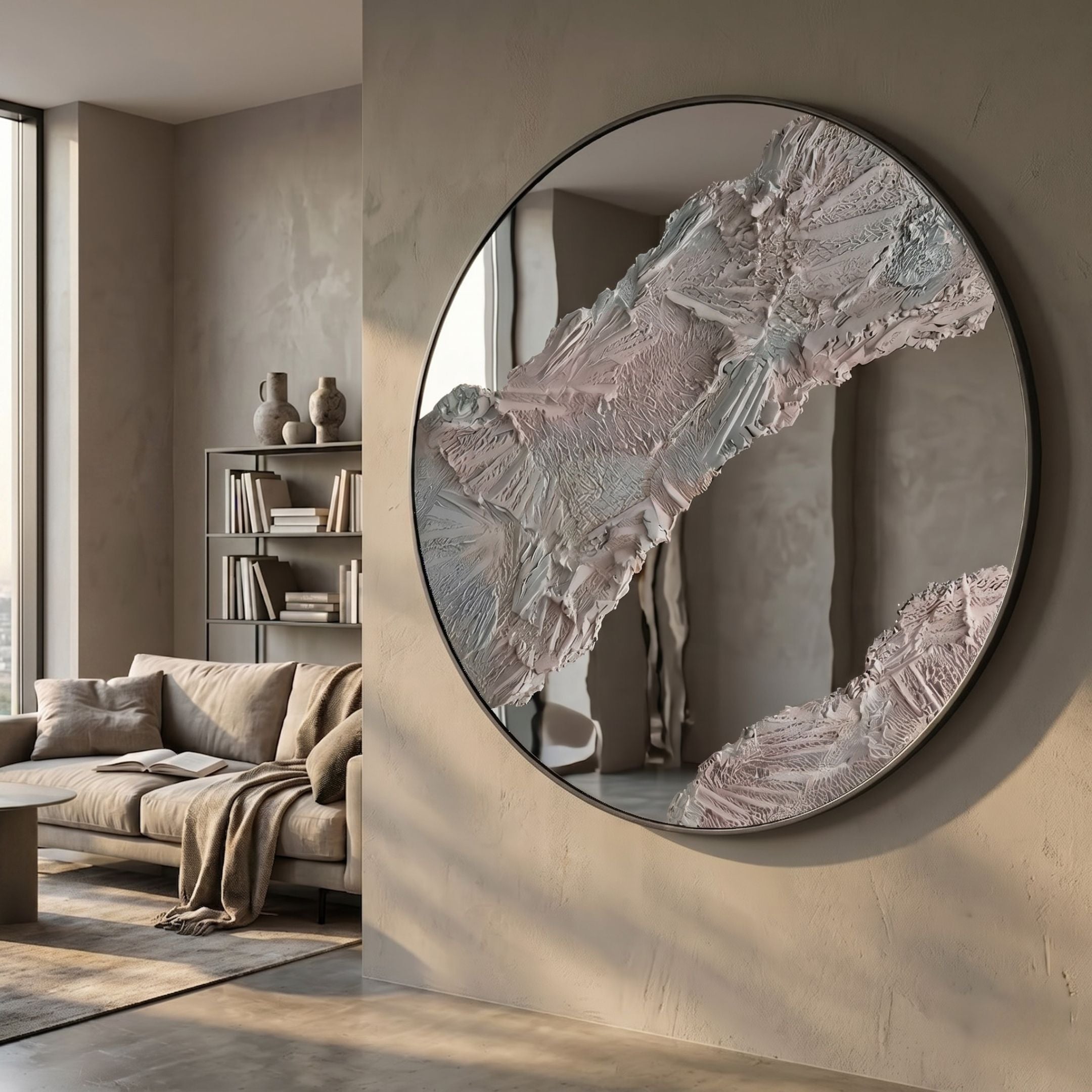 Erosian Rose Textured Round Mirror 3D Wall Art by Giant Sculptures, mounted on a beige wall in a modern living room with a neutral sofa and bookshelf.