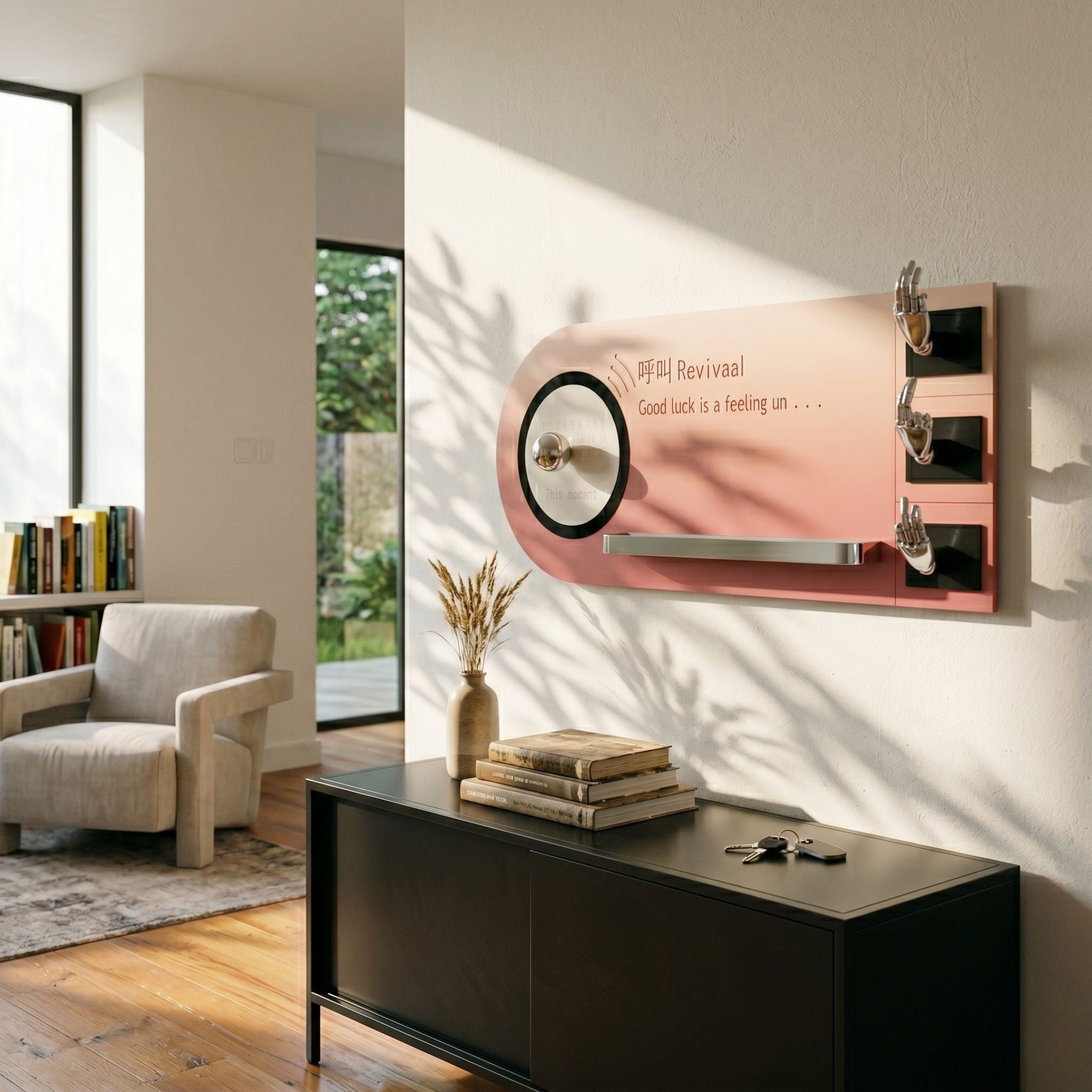 Nexivra Rose Gradient Techscape Interactive 3D Wall Art by Giant Sculptures, mounted in a sunlit living room above a black console with books and keys.