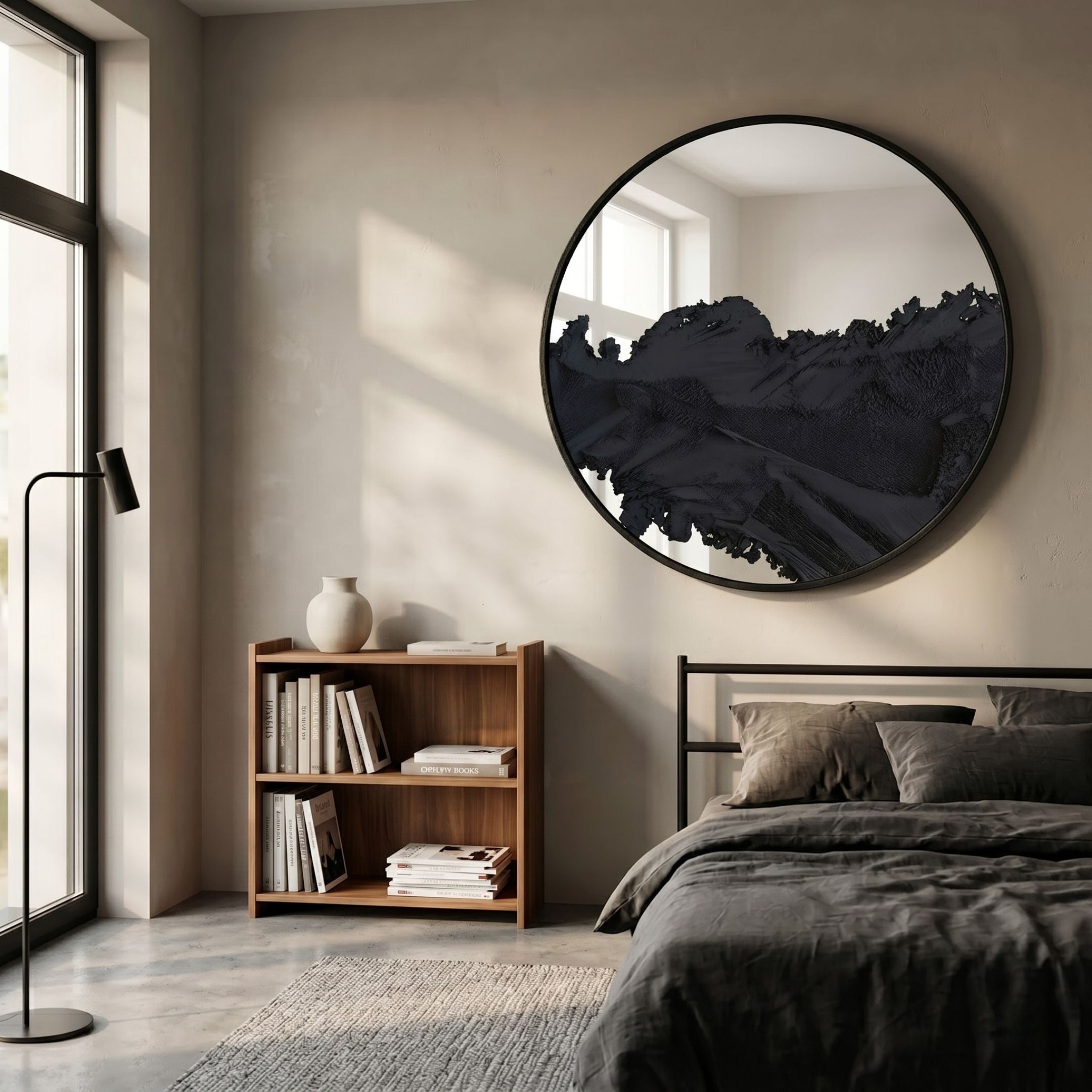 Erosian Obsidian Drift Textured Round Mirror by Giant Sculptures mounted above a wooden bookshelf in a modern bedroom with grey linen bedding and floor lamp.