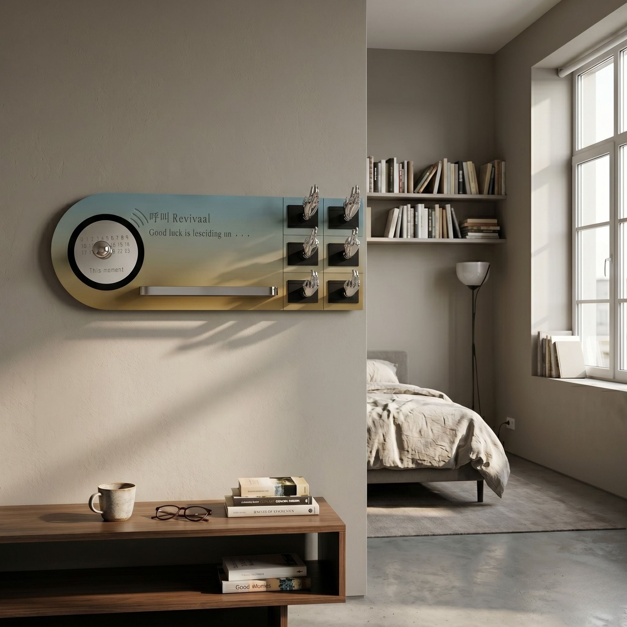 Nexivra Mist Gradient Techscape Interactive 3D Wall Art by Giant Sculptures mounted in a bedroom above a wooden console, near bookshelves and a linen bed.