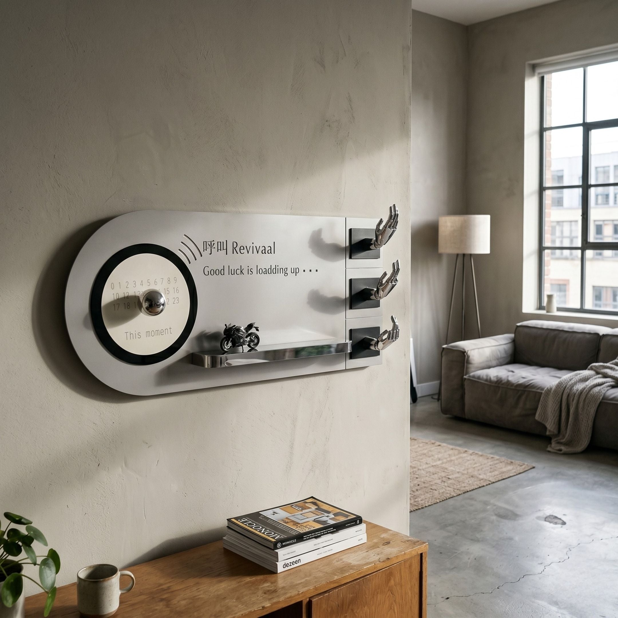 Nexivra Silver Techscape Interactive 3D Wall Art mounted in a modern living room, featuring a circular dial, motorcycle figure, and three robotic hands.