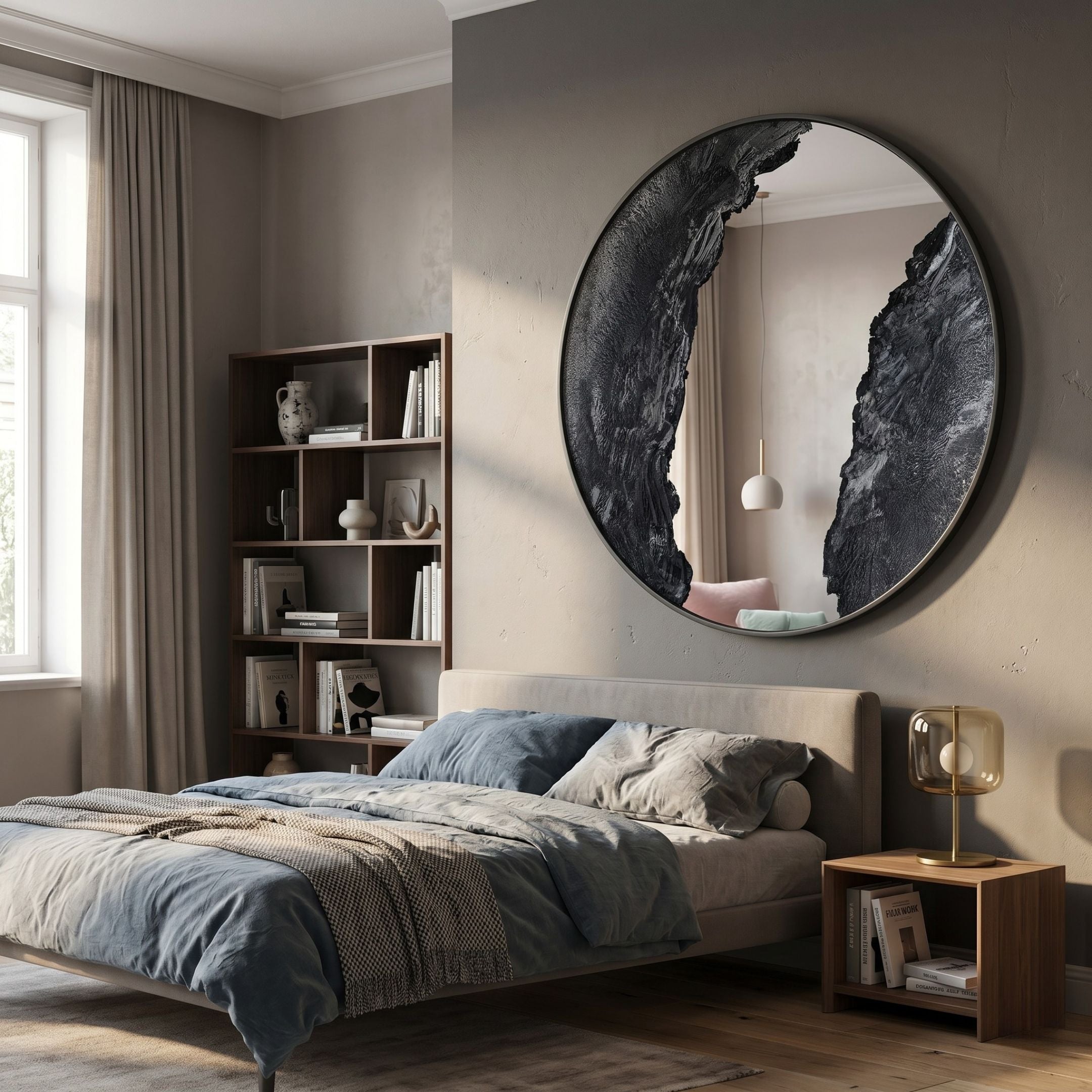Erosian Charcoal Rift Textured Round Mirror 3D Wall Art by Giant Sculptures mounted above an upholstered bed with bookshelf and nightstand in a modern bedroom.