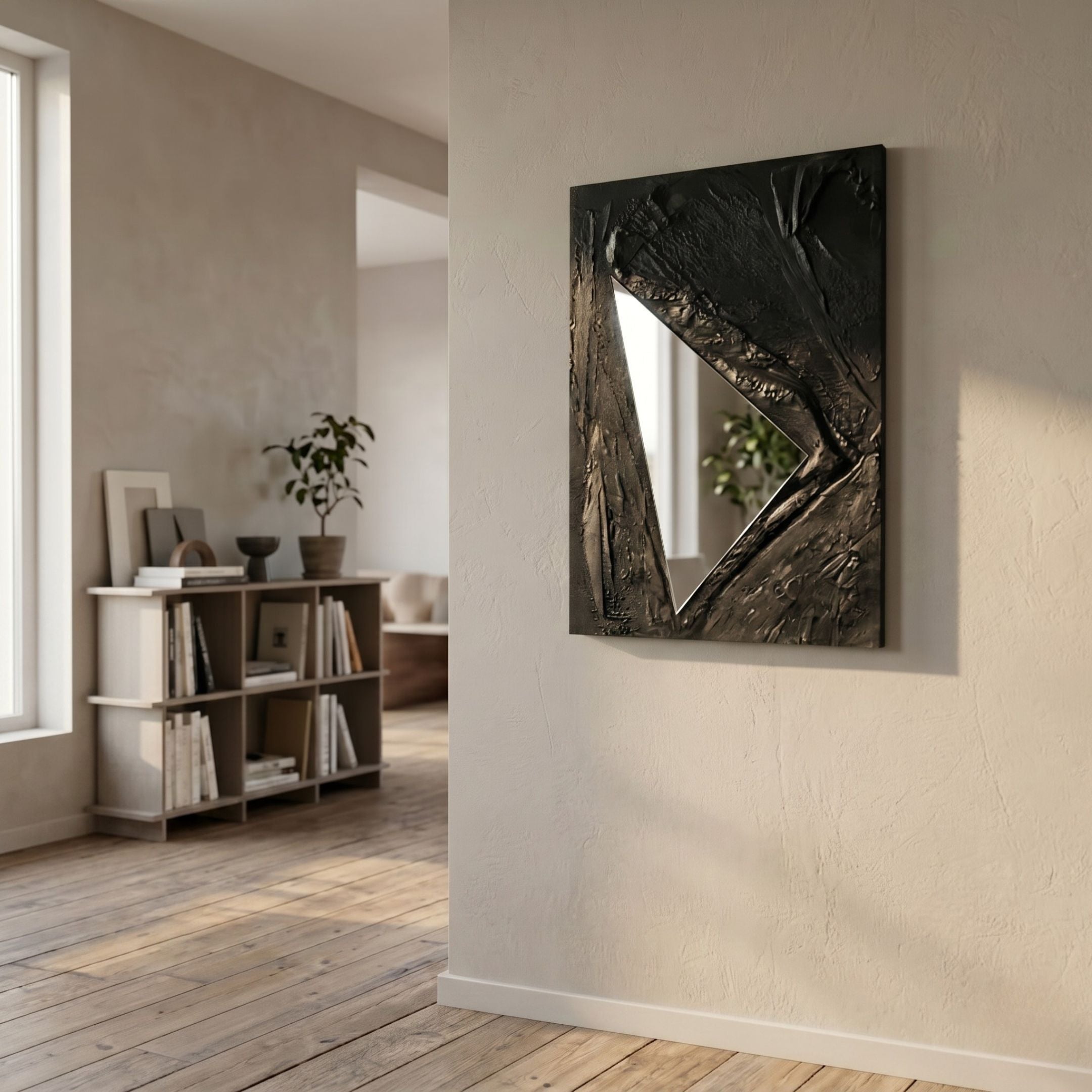 Arclunor Black Triangle Relief Mirror 3D Wall Art mounted on a pale wall in a hallway with wooden flooring and a low bookshelf in the background.