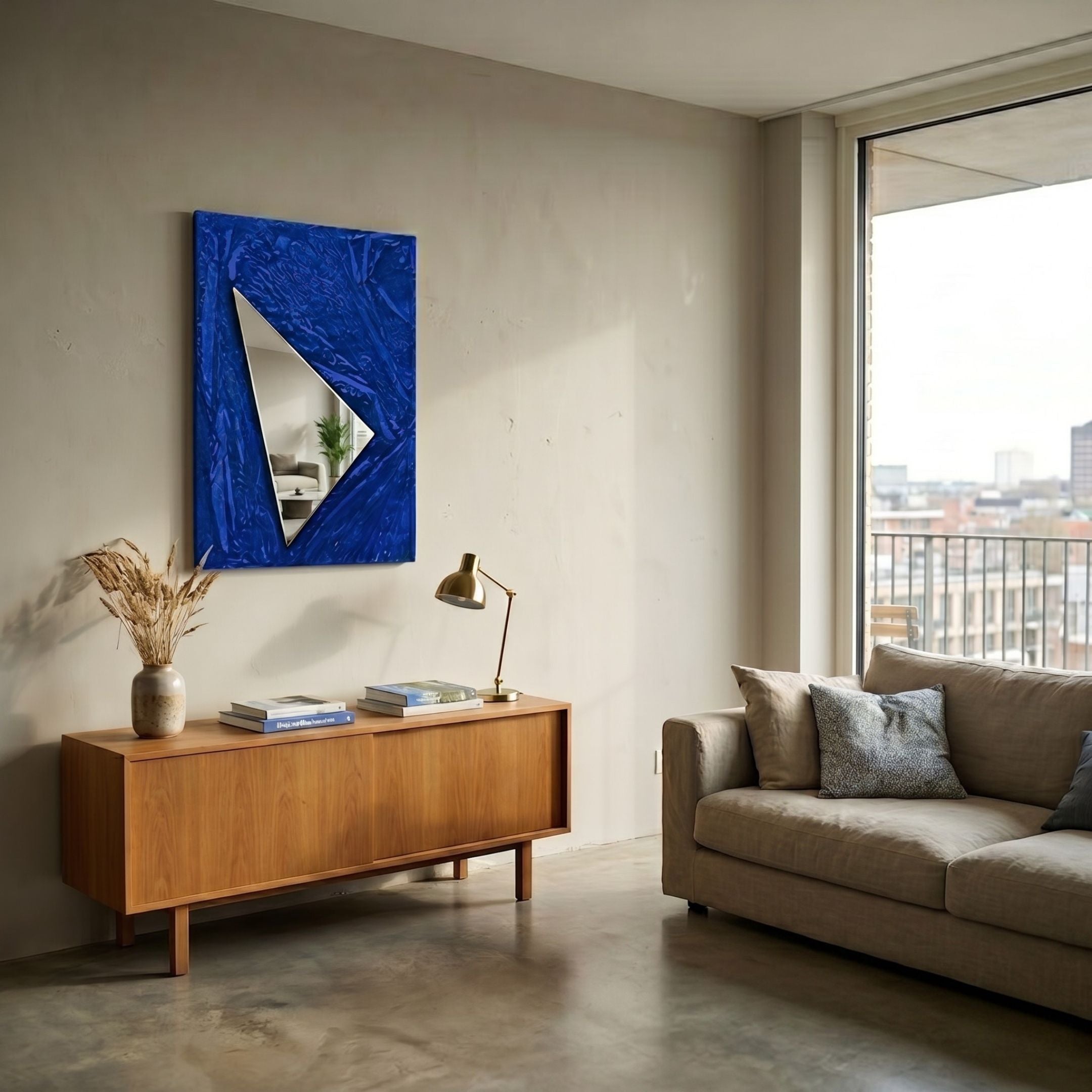 Arclunor Cobalt Blue Triangle Relief Mirror 3D Wall Art mounted above a teak sideboard with brass lamp and dried grasses in a sunlit modern living room.
