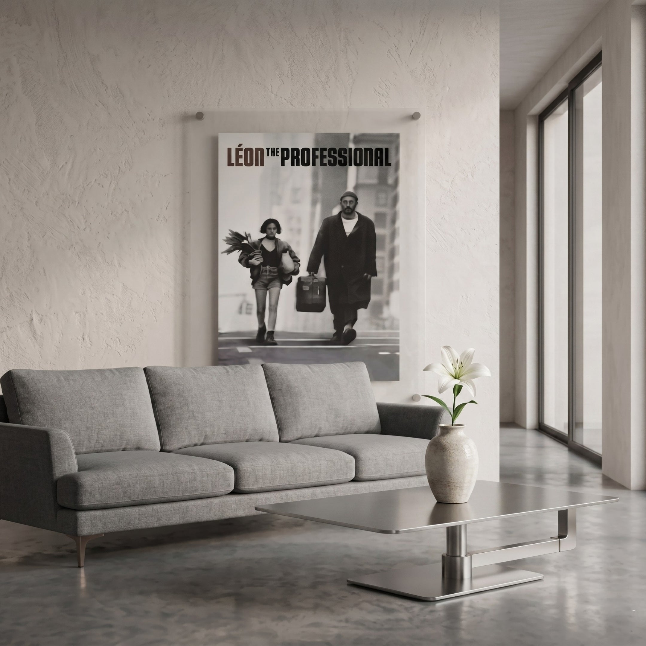 CineLuxe Léon The Professional Cinematic Poster Wall Art by Giant Sculptures displayed on a textured white wall in a modern living room with a grey sofa and metal coffee table, featuring a black and white acrylic print with advertising nail mounts.