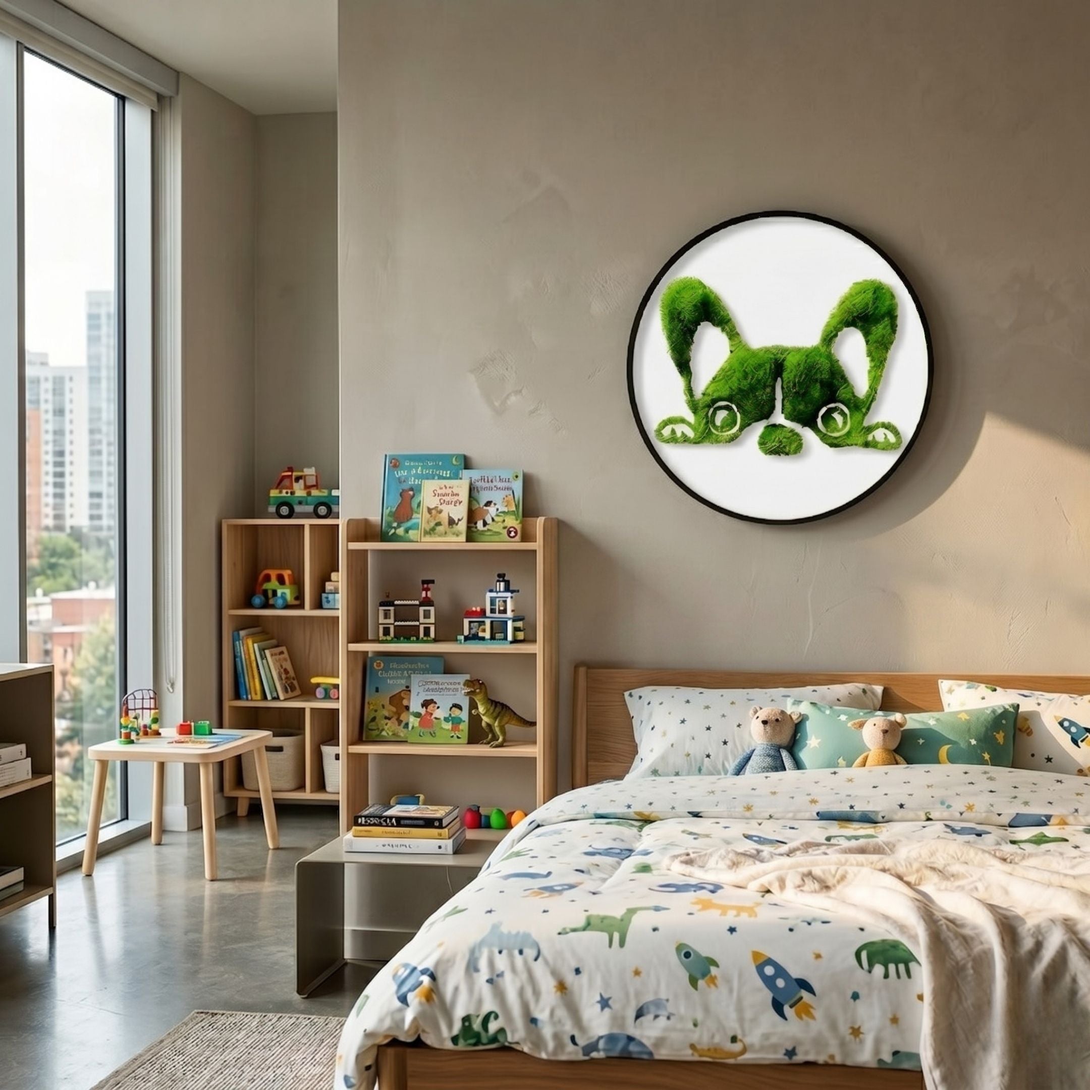 Verdifable Round Green Puppy Ears Moss 3D Wall Art mounted above a wooden bed with star-print bedding in a kids' bedroom with toy-filled shelves.