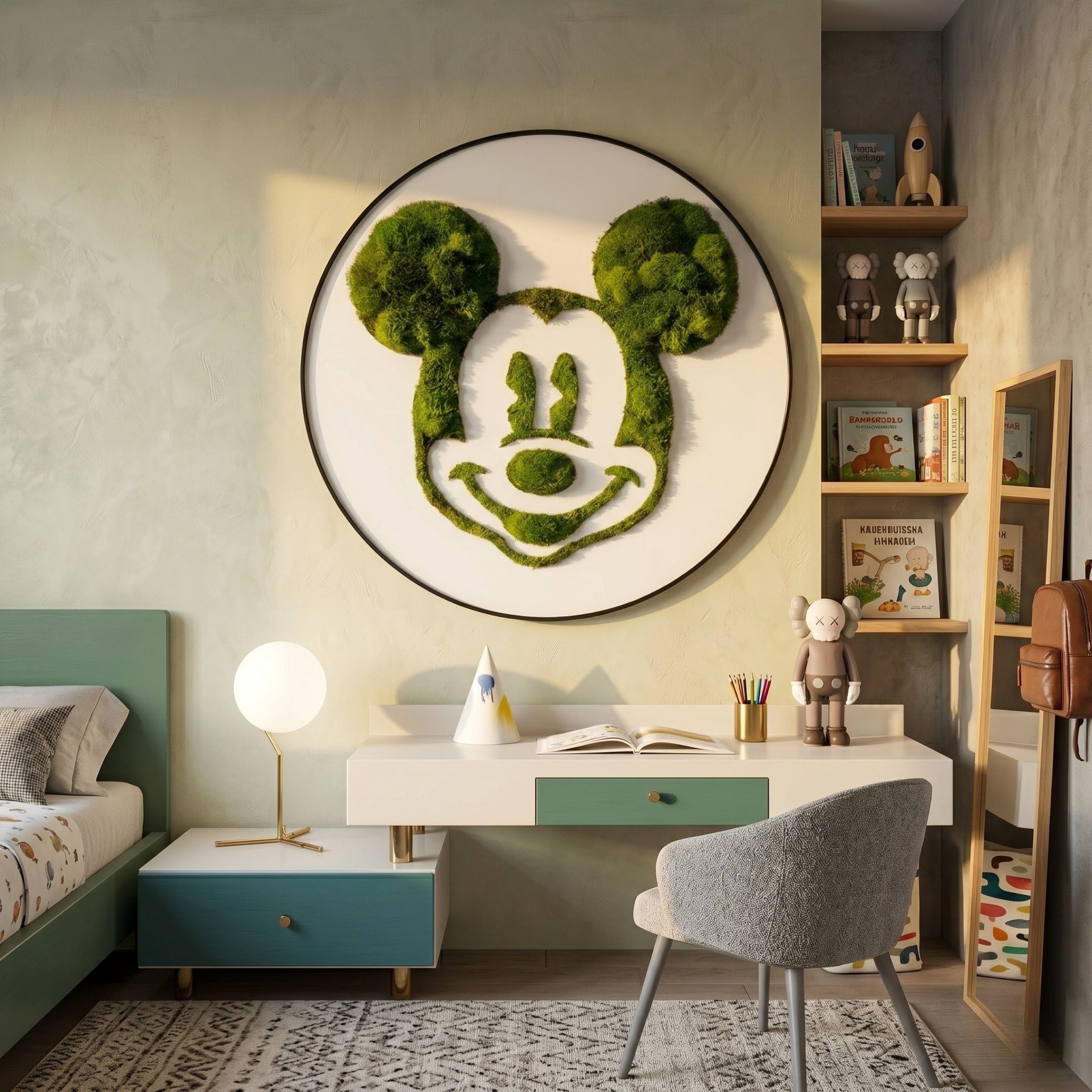 Verdifable Round Green Mouse Silhouette Moss 3D Wall Art mounted above a white desk in a kids' bedroom with bookshelves, collectible figures, and a grey chair.