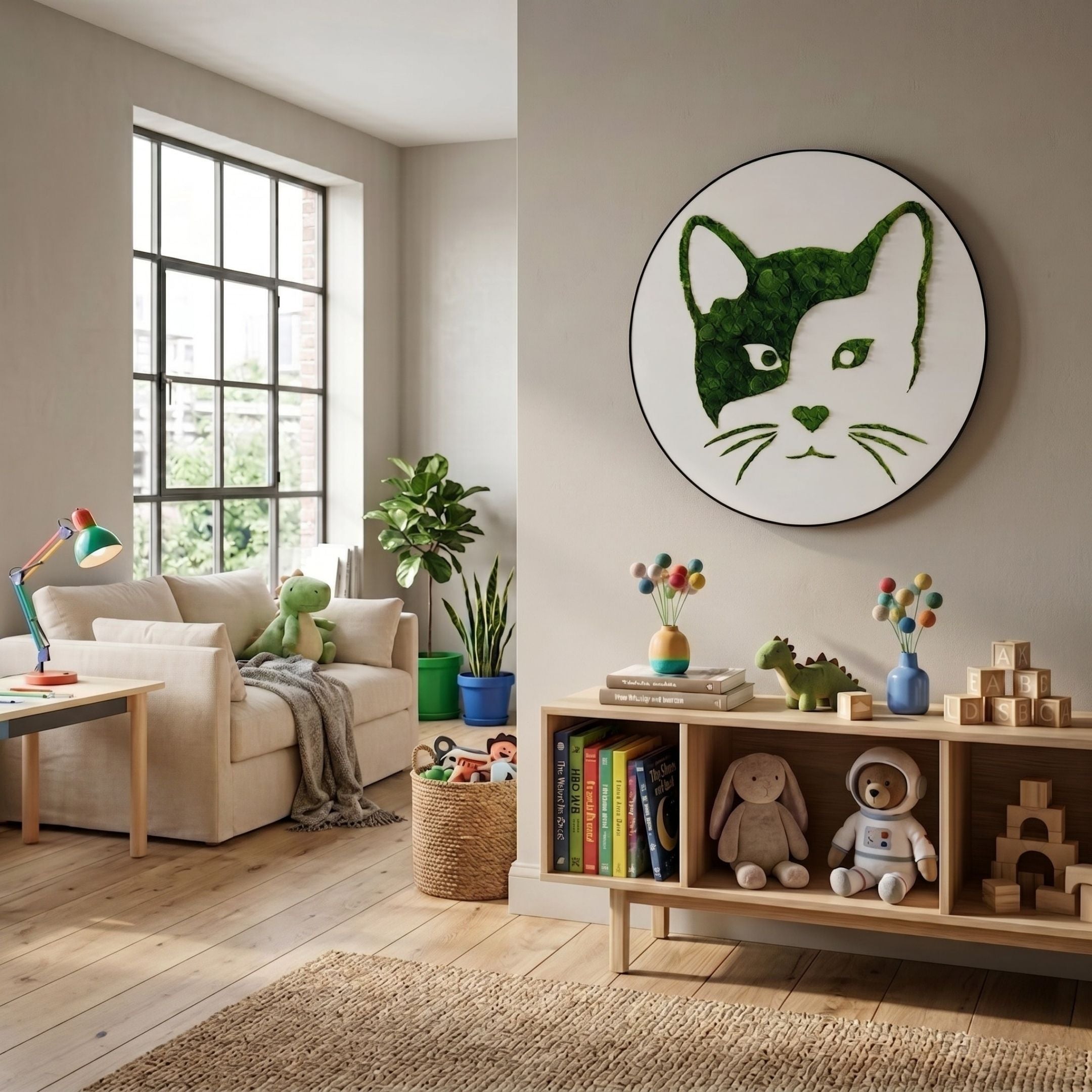 Verdifable Round Green Cat Portrait Moss 3D Wall Art by Giant Sculptures displayed above a wooden toy shelf in a Scandinavian-style children's living room.