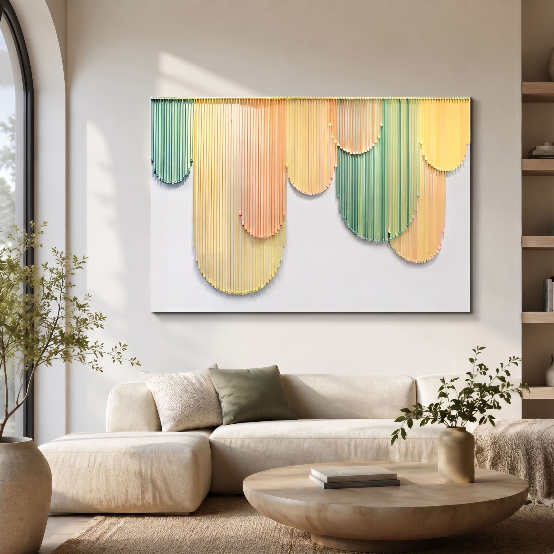 Dravena Pastel Cascade Ribbon 3D Wall Art by Giant Sculptures in pastel yellow, peach, and green, displayed above a cream sofa in a sunlit living room.