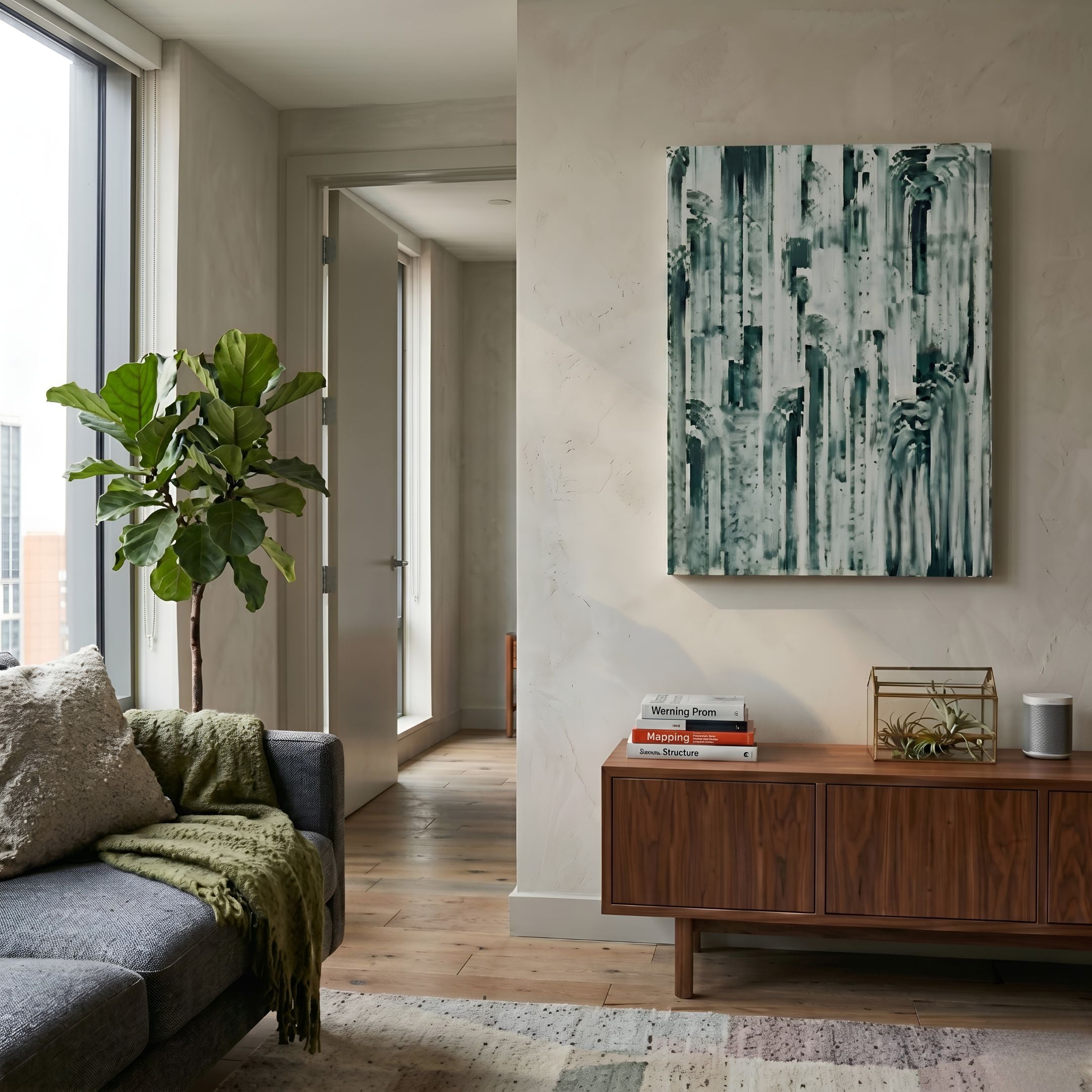Averis Green & White Textured Abstract 3D Wall Art by Giant Sculptures displayed above a walnut sideboard in a modern living room with a fiddle leaf fig.