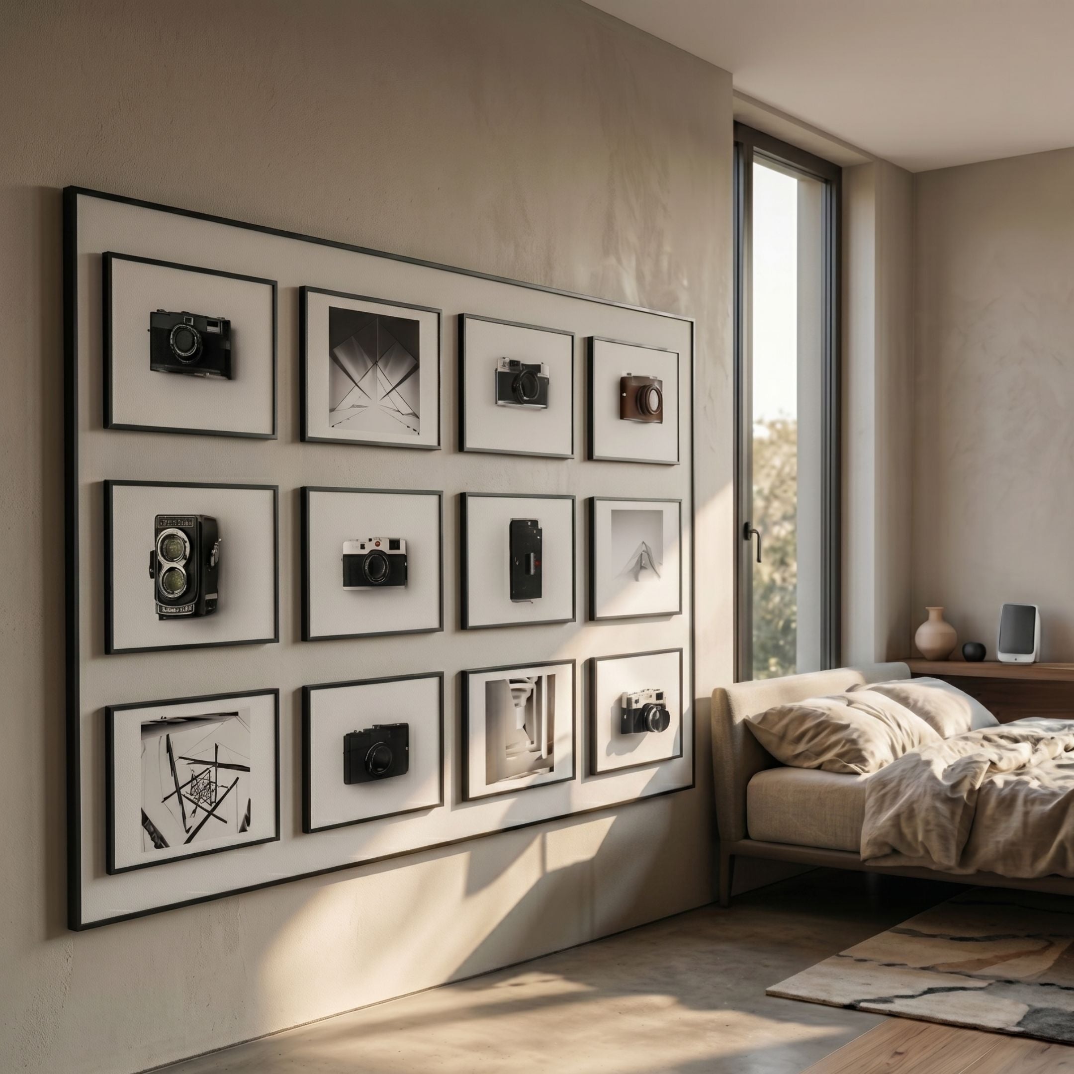 Optivis Linear Camera Montage 3D Wall Art by Giant Sculptures, twelve black-framed monochrome panels of vintage cameras and abstract graphics, in a sunlit bedroom.