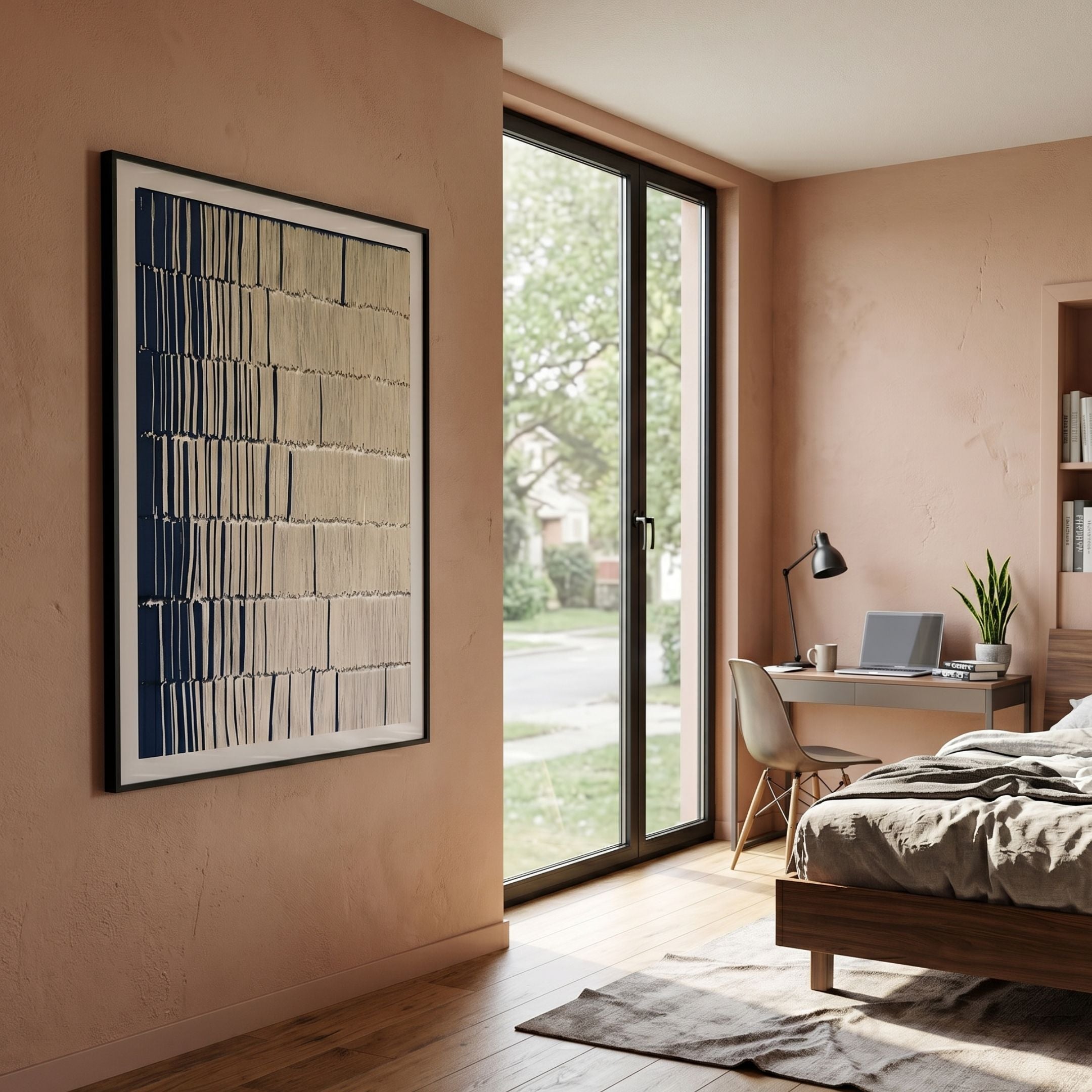 Linara Navy Blue & Ivory Stripe Relief 3D Wall Art by Giant Sculptures, black-framed and mounted on a terracotta bedroom wall beside a window, desk, and bed.