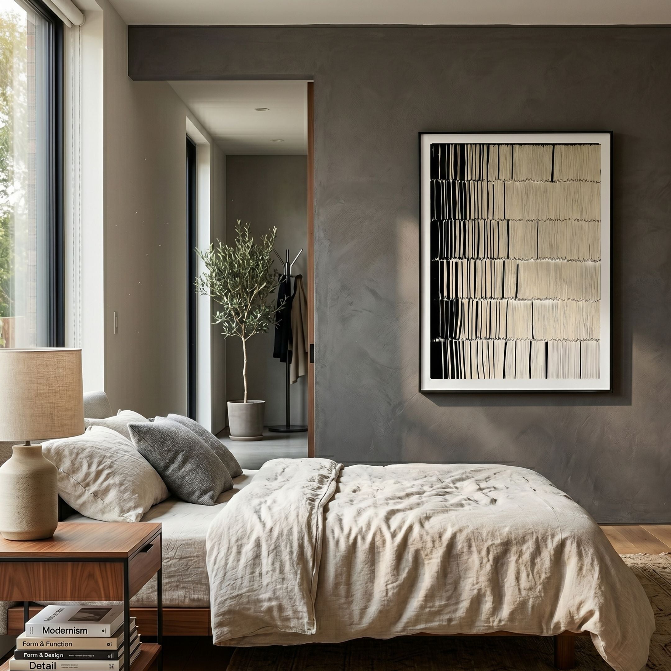 Linara Black & Ivory Stripe Relief 3D Wall Art by Giant Sculptures, framed on a grey bedroom wall above a linen-dressed bed with walnut nightstand and olive tree.