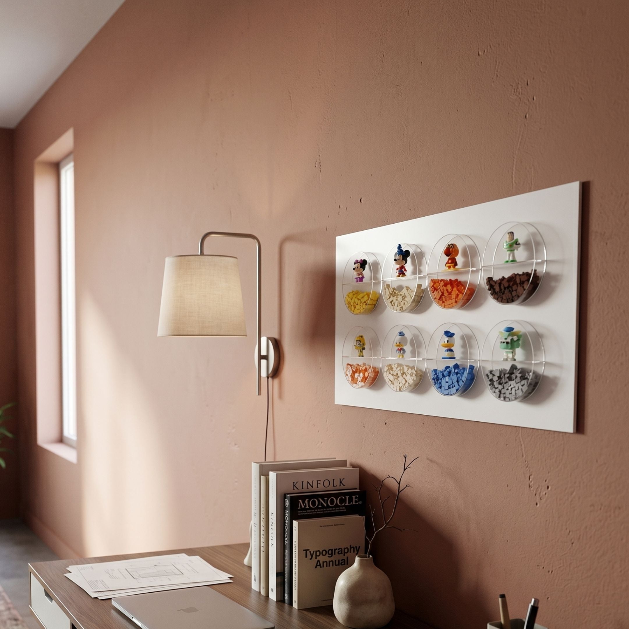 Blockform Disney 8-Character Pods Acrylic 3D Wall Art by Giant Sculptures displayed on a terracotta wall above a desk with books and lamp.