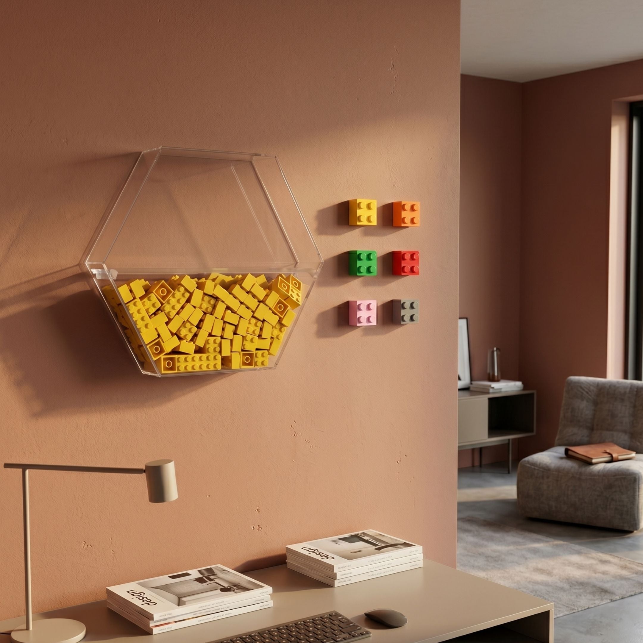 Blockform Hexagonal Capsule Acrylic 3D Wall Art by Giant Sculptures, a clear hexagonal capsule filled with yellow blocks beside six coloured block forms on a terracotta wall.