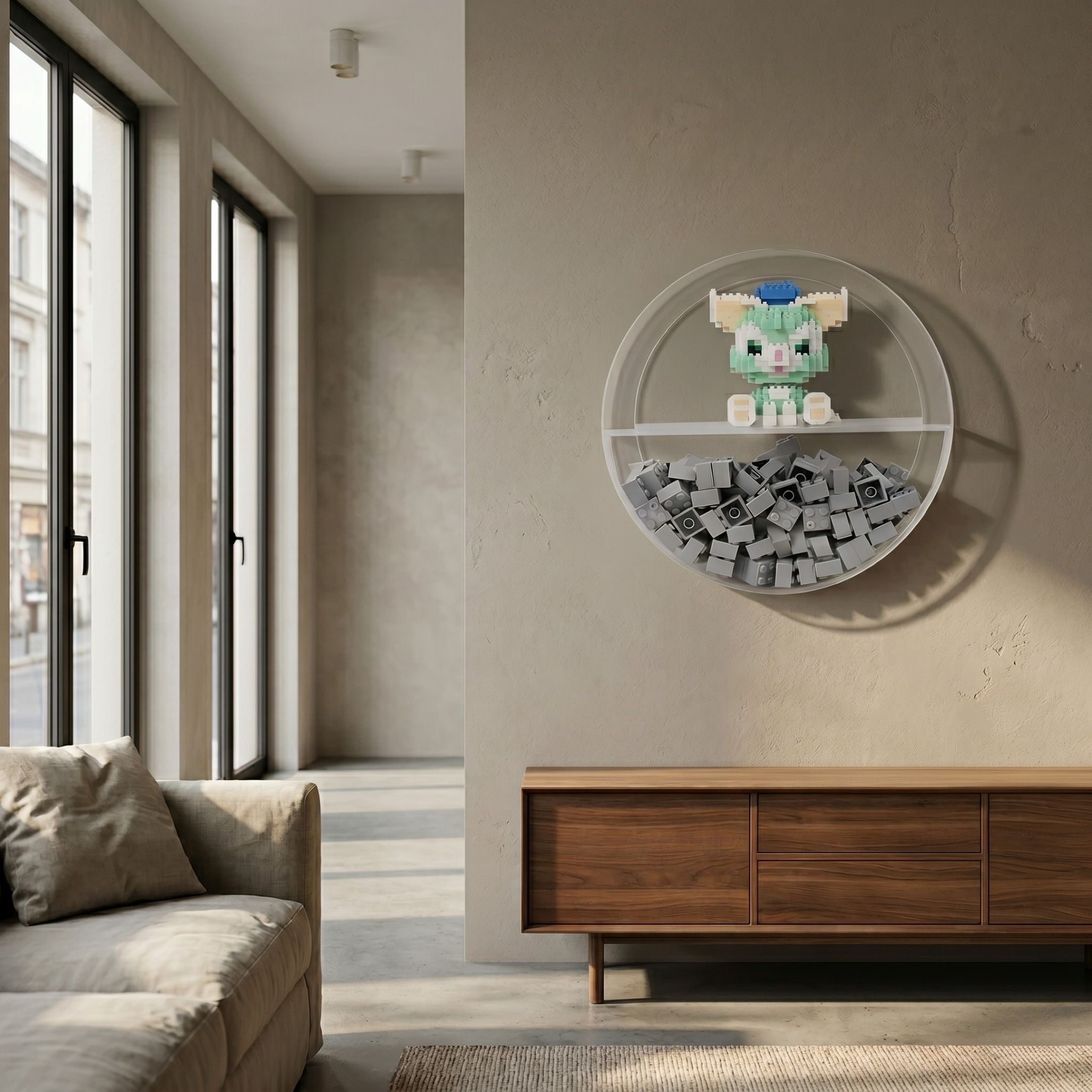 Blockform Gelatoni Brick Lego Acrylic 3D Wall Art by Giant Sculptures, round clear case holding a pastel green cat with blue hat above stacked grey bricks.