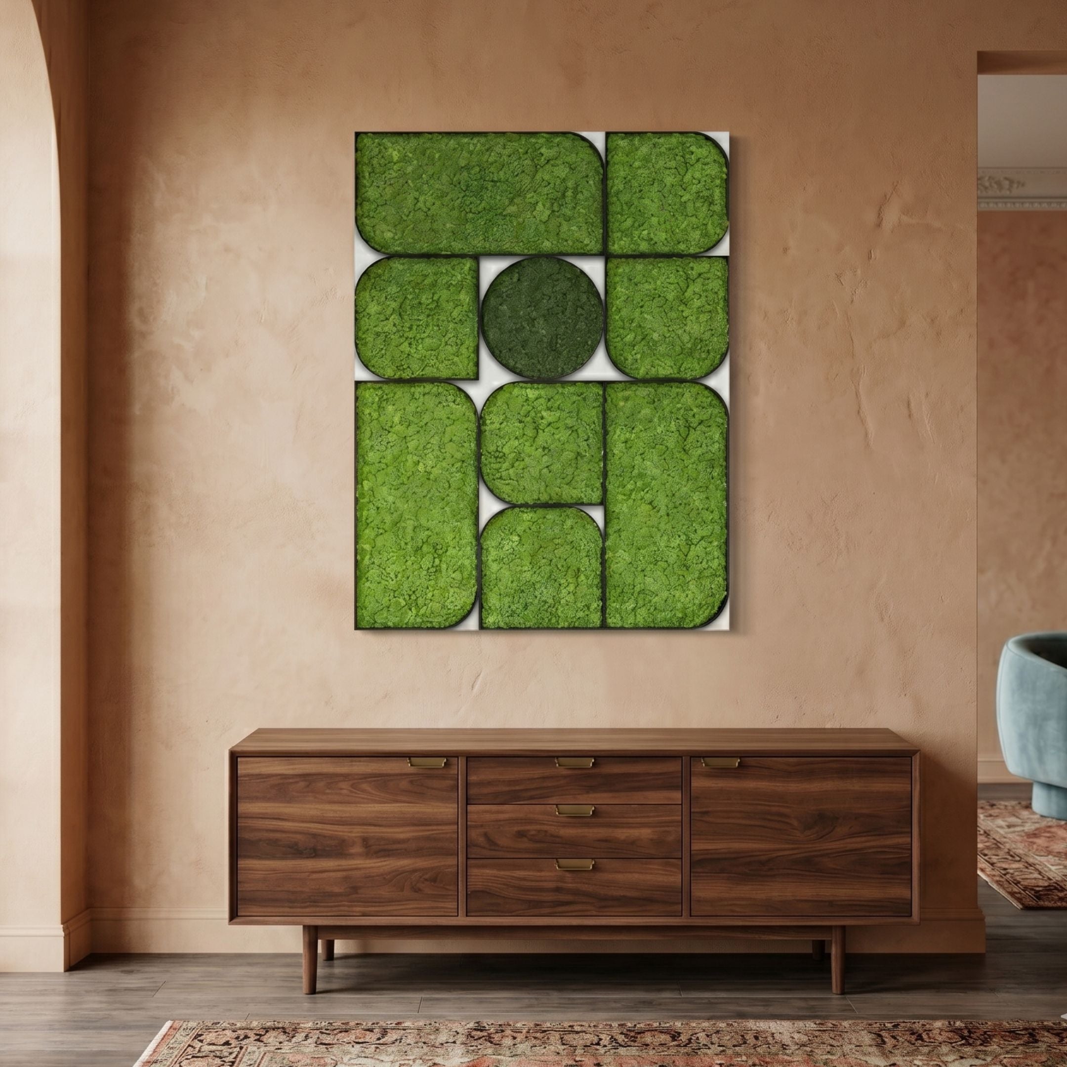 Verdura Square Green Moss Mosaic 3D Wall Art by Giant Sculptures, displayed above a walnut sideboard in a warm terracotta-walled room with a patterned rug.