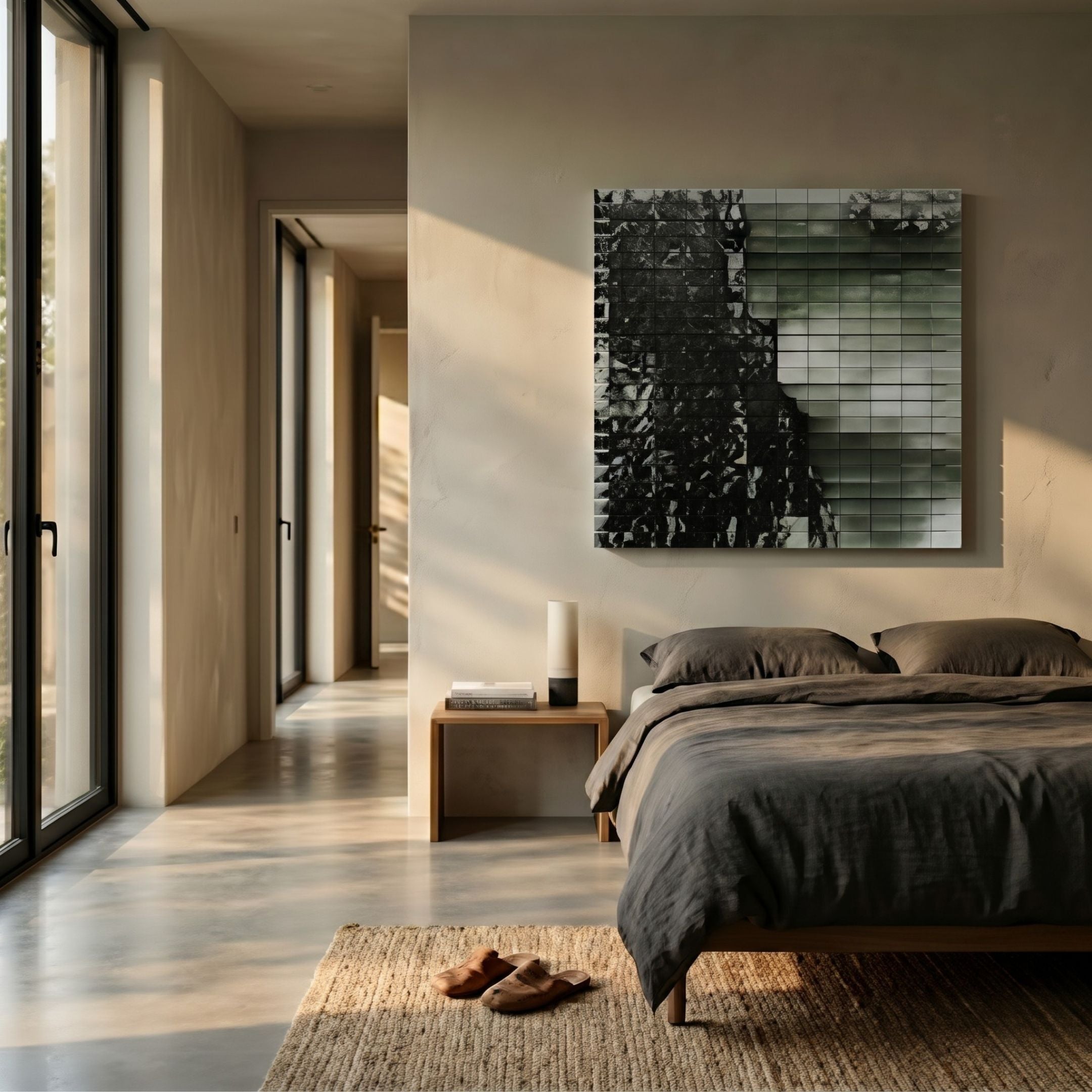 Miravax Forest Fade Ripple Grid Acrylic 3D Wall Art in black, white, and green mounted above a grey linen bed in a sunlit minimalist bedroom.