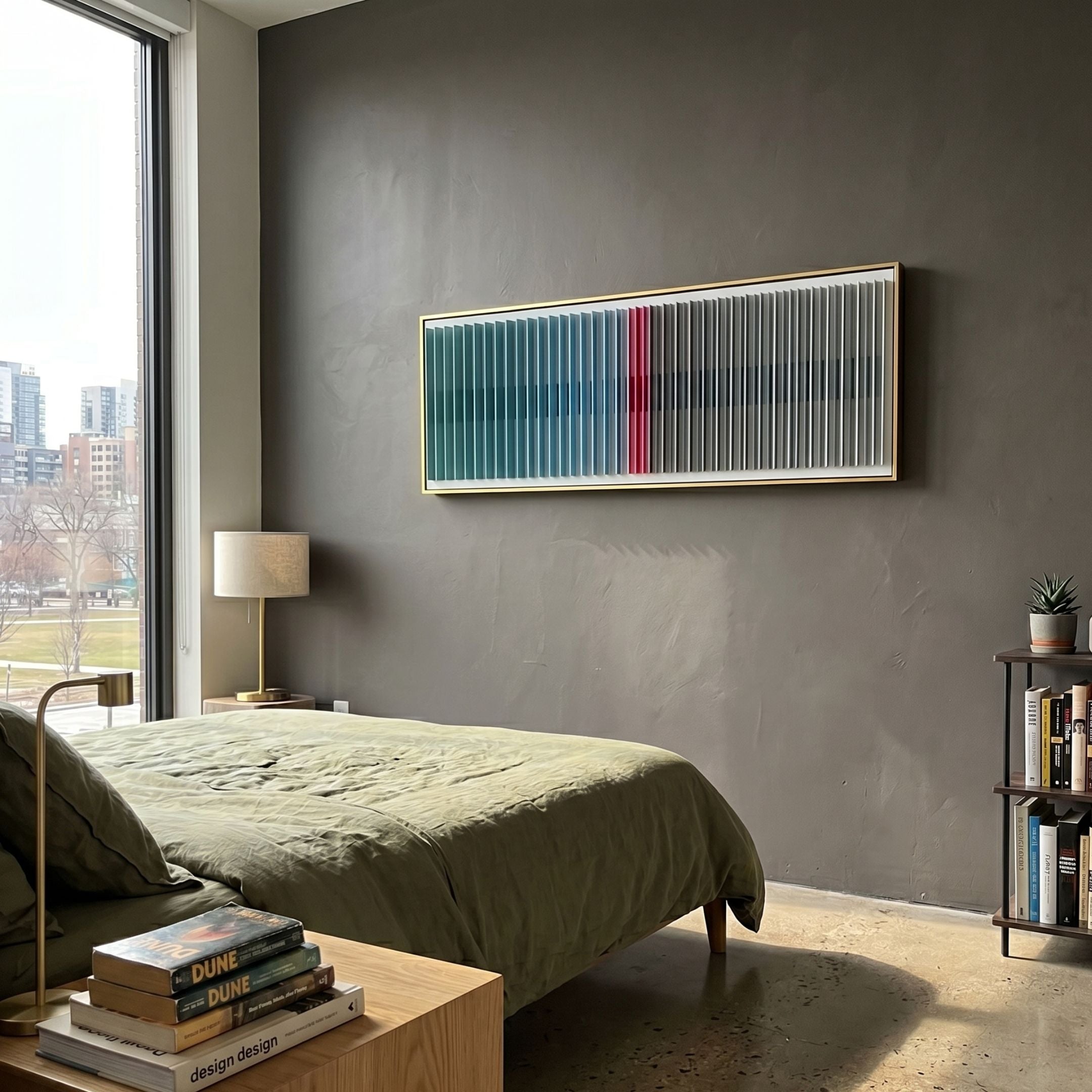 Straviu Blue Flow Stripe Acrylic 3D Wall Art in a brushed gold frame above a bed with olive bedding, beside a window with city views.