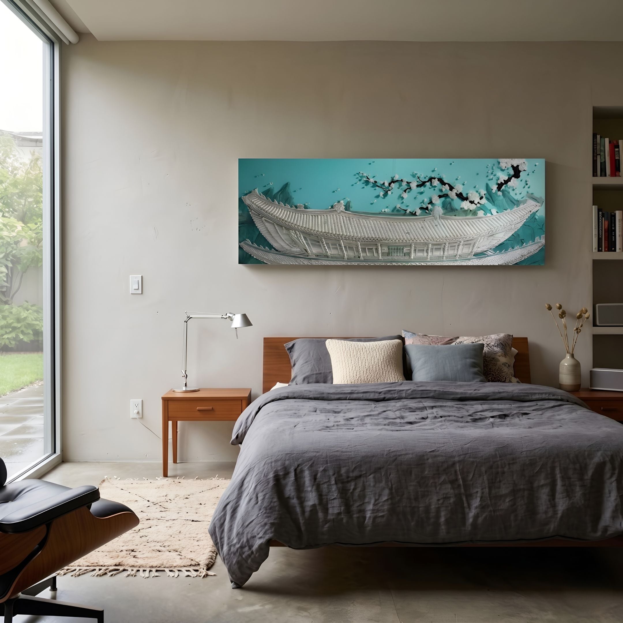 Minara White Blossom Pavilion 3D Button Wall Art mounted above a wood bed with grey linens in a modern bedroom with concrete floor and large window.