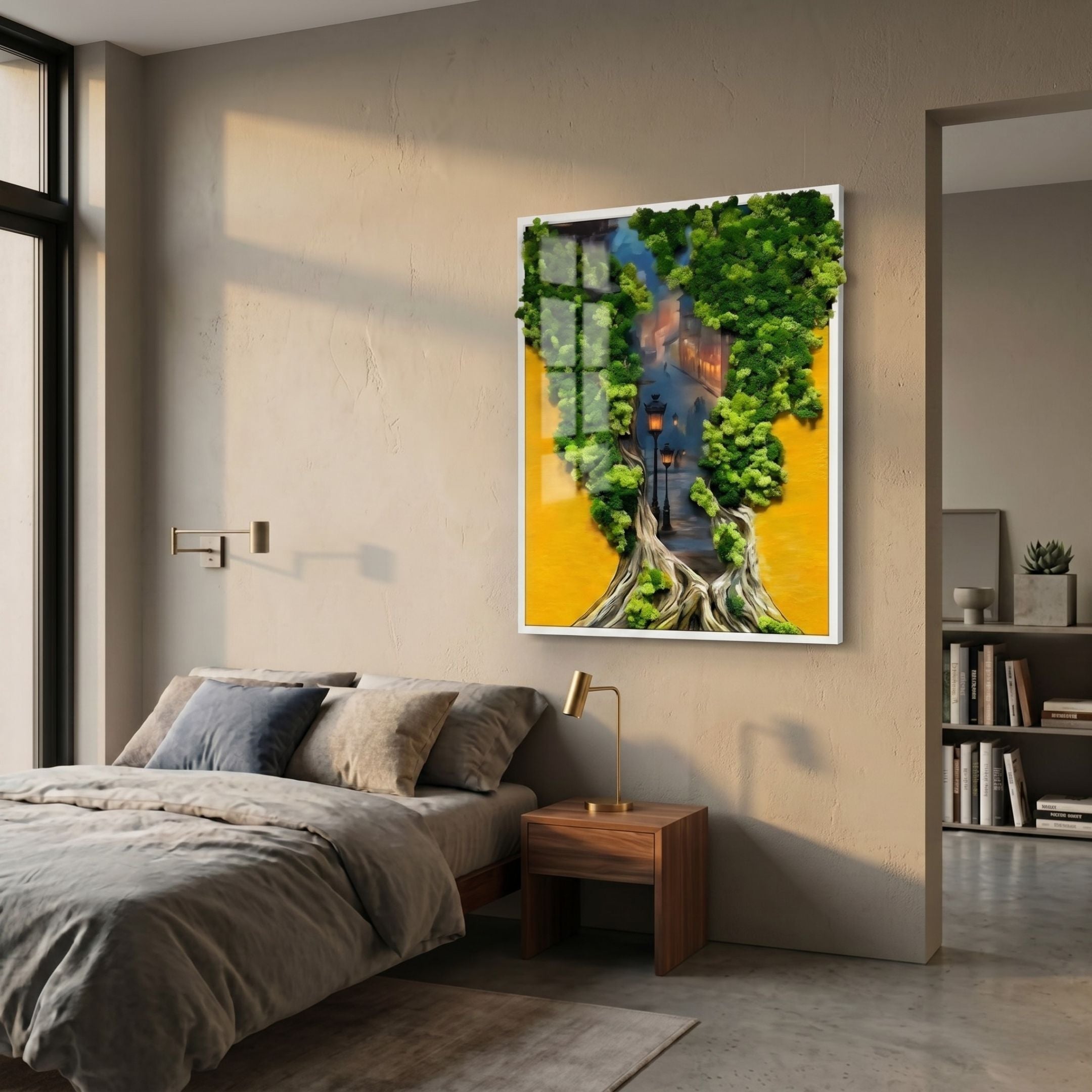 Truvira Evening Stroll City Scene Moss Framed 3D Wall Art with green moss canopy and yellow dusk street scene above a bed in a neutral bedroom.