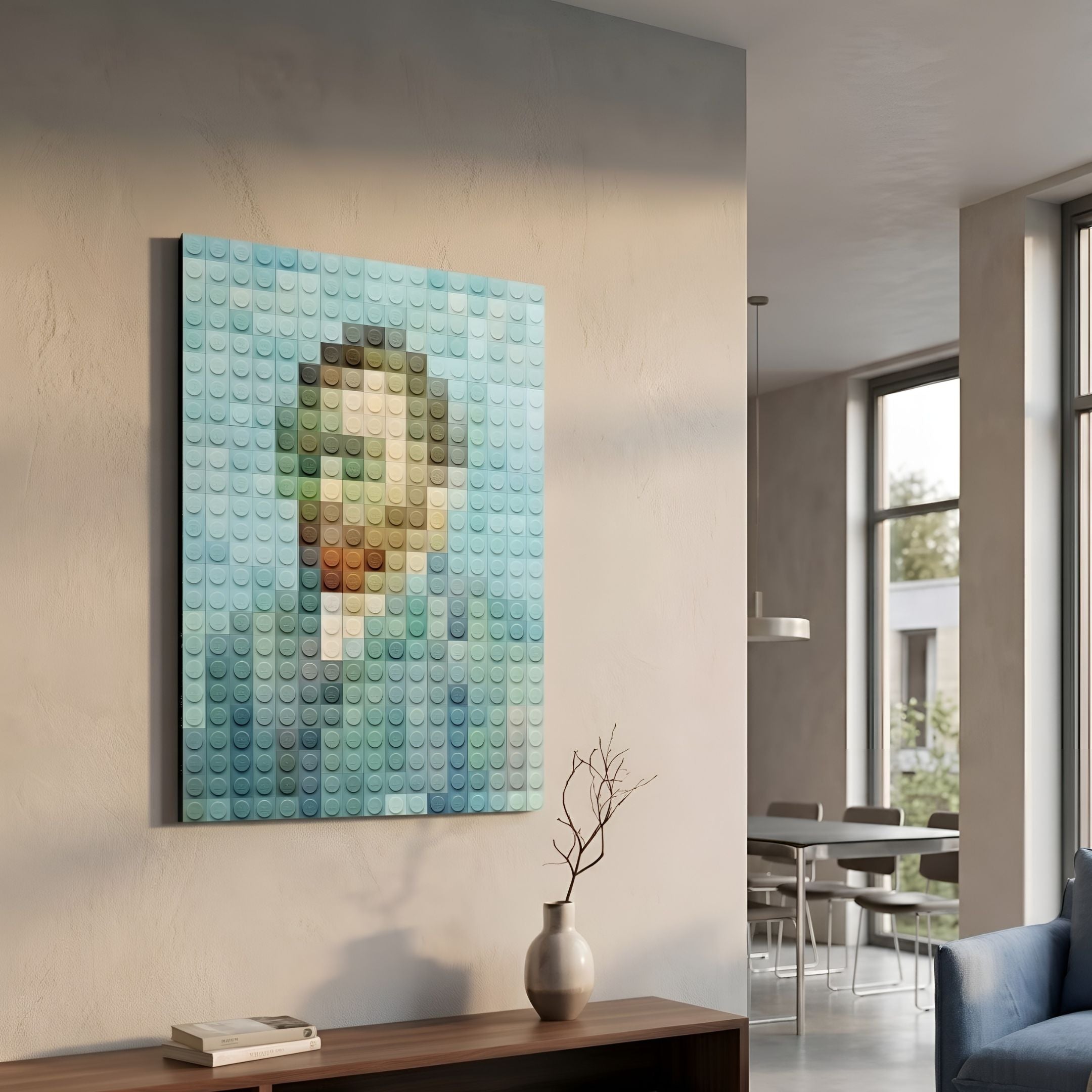 Pixelego Pale Blue Van Gogh Portrait Acrylic Block 3D Wall Art mounted on a beige wall above a wooden console with a vase, near a dining area.