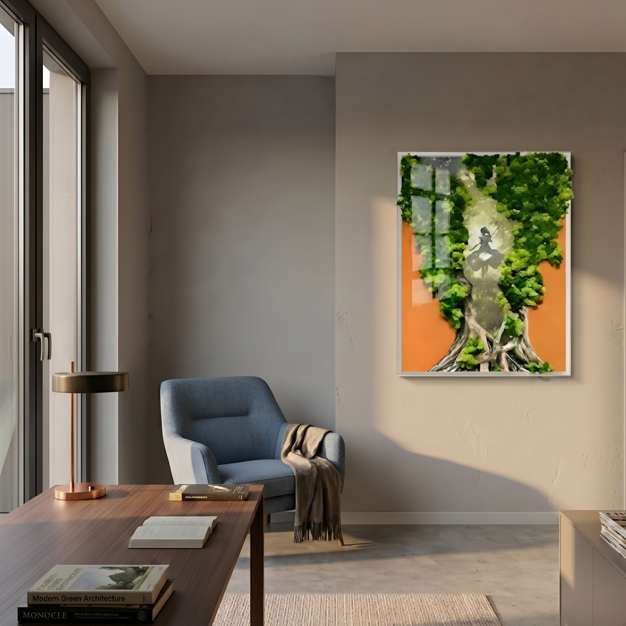 Truvira Forest Waltz Moss Framed 3D Wall Art by Giant Sculptures, featuring a green moss tree and swinging figure on orange, displayed above a blue armchair.