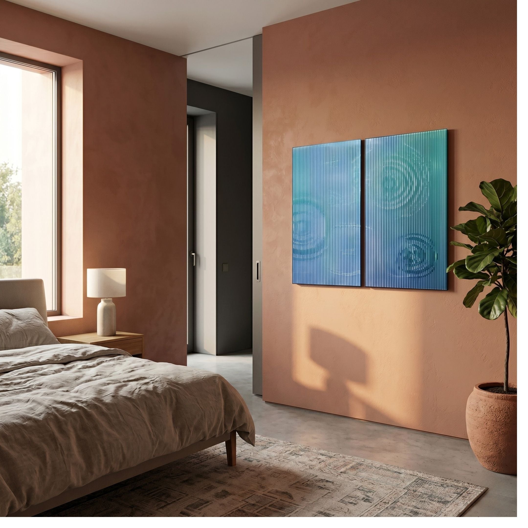 Cirquora Blue II Gradient Ripple Diptych Acrylic 3D Wall Art by Giant Sculptures, mounted on a terracotta bedroom wall beside a bed and fiddle-leaf fig.