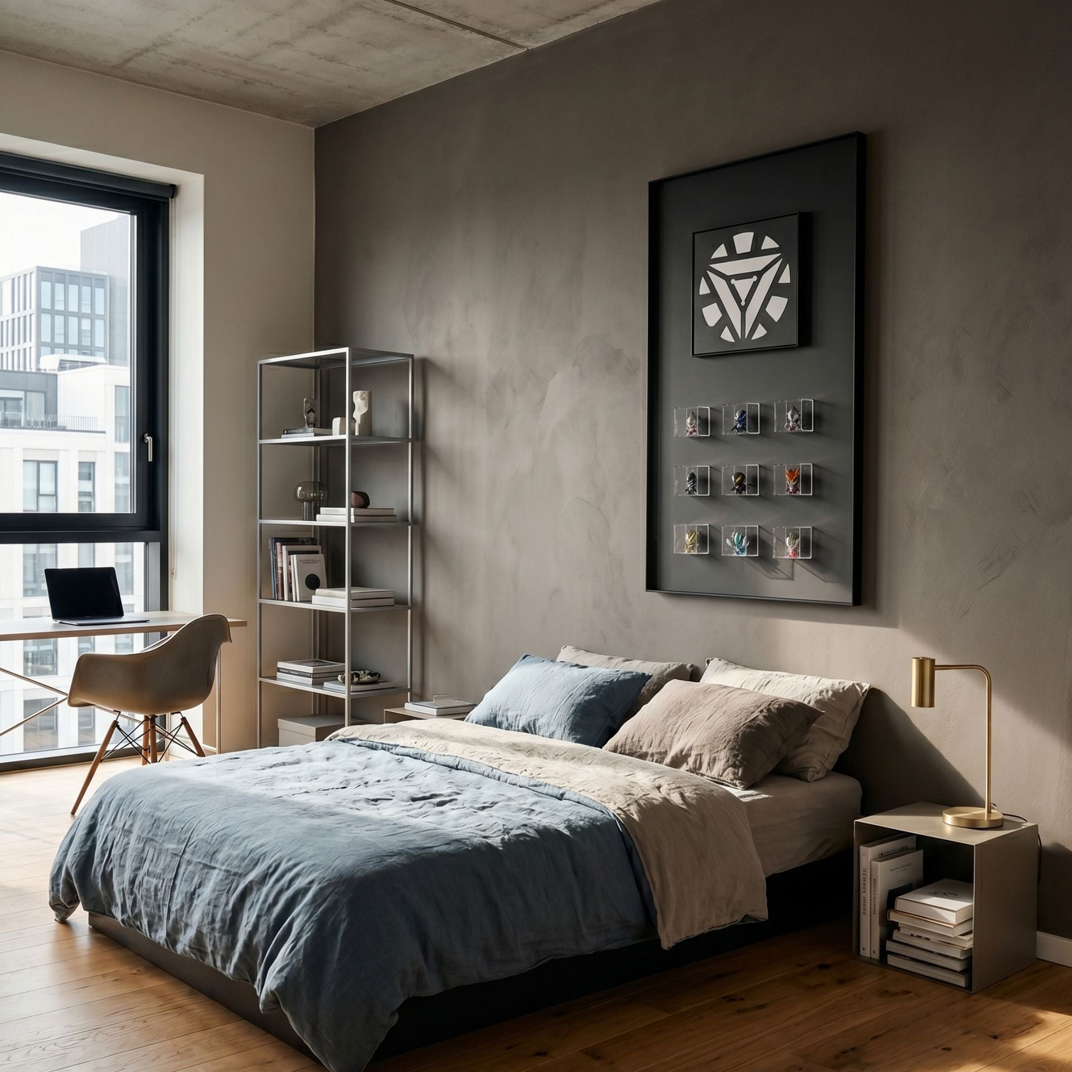 Iconivault Ultraman Figurine Grid by Giant Sculptures mounted on a grey bedroom wall above a blue linen bed, beside a shelving unit and desk.