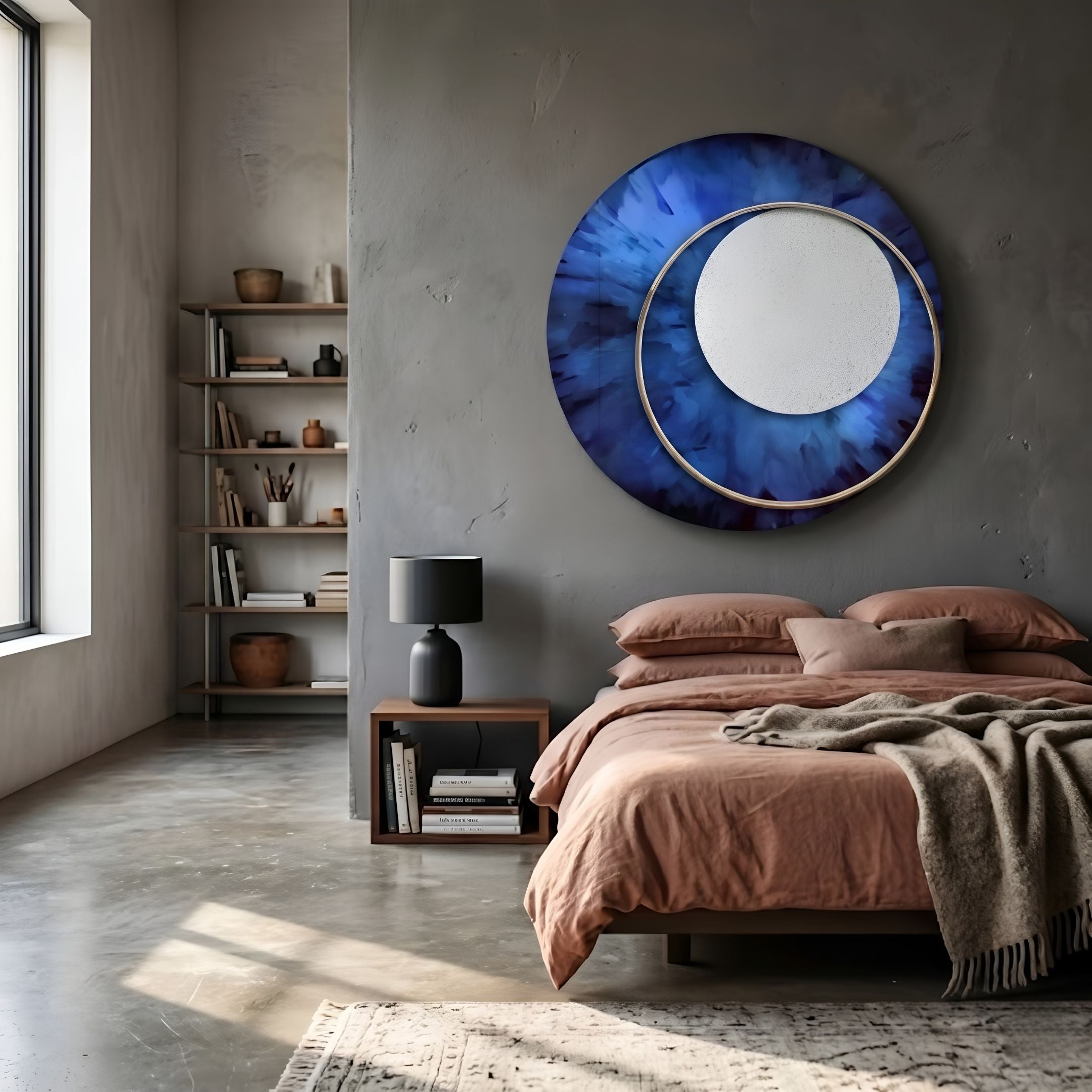 Solara Cobalt Blue White Disc & Metal Ring 3D Wall Art mounted above a bed with terracotta linen in a concrete-walled bedroom with bookshelf nearby.