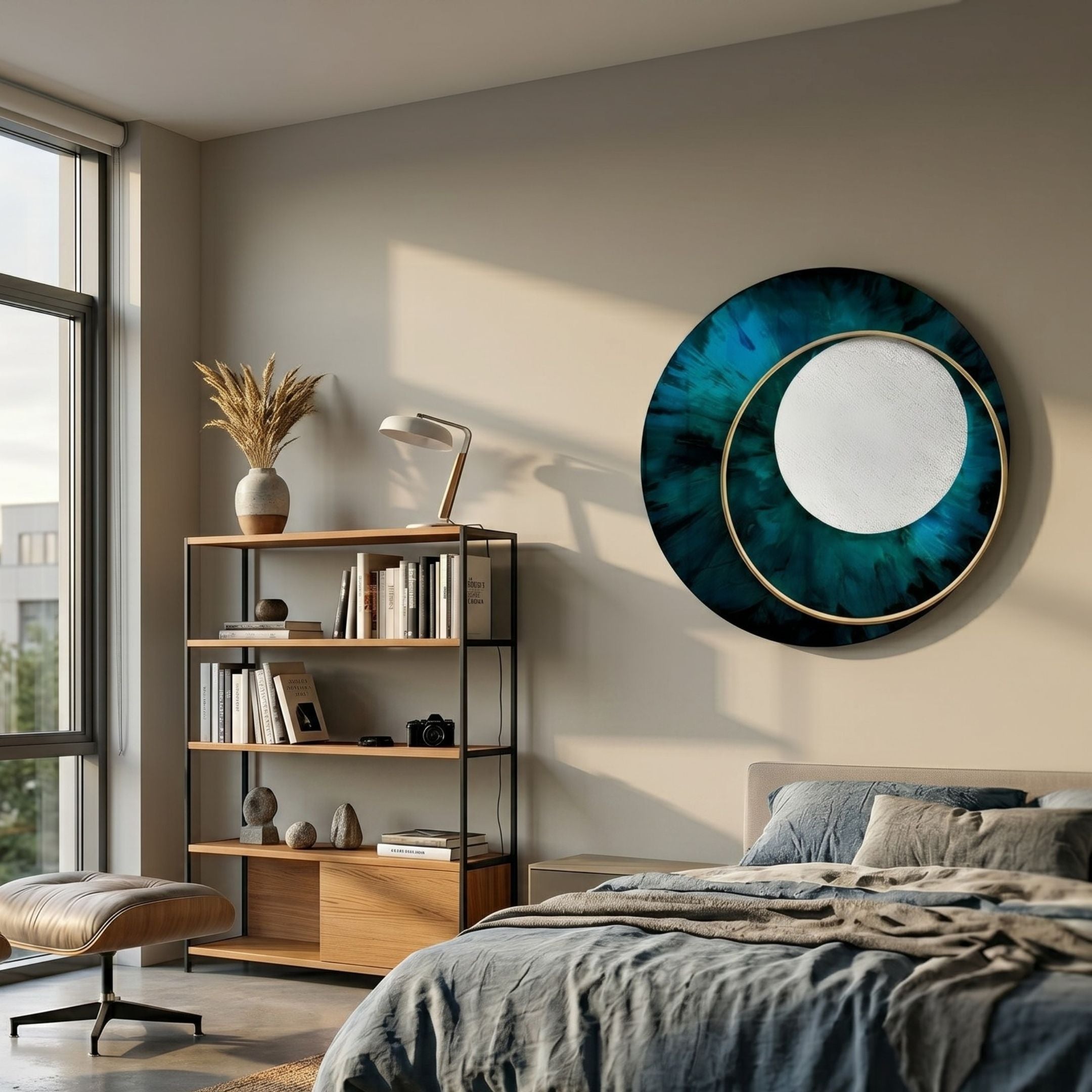 Solara Emerald White Disc & Metal Ring 3D Wall Art by Giant Sculptures displayed above a bed beside a wooden bookshelf in a sunlit modern bedroom.