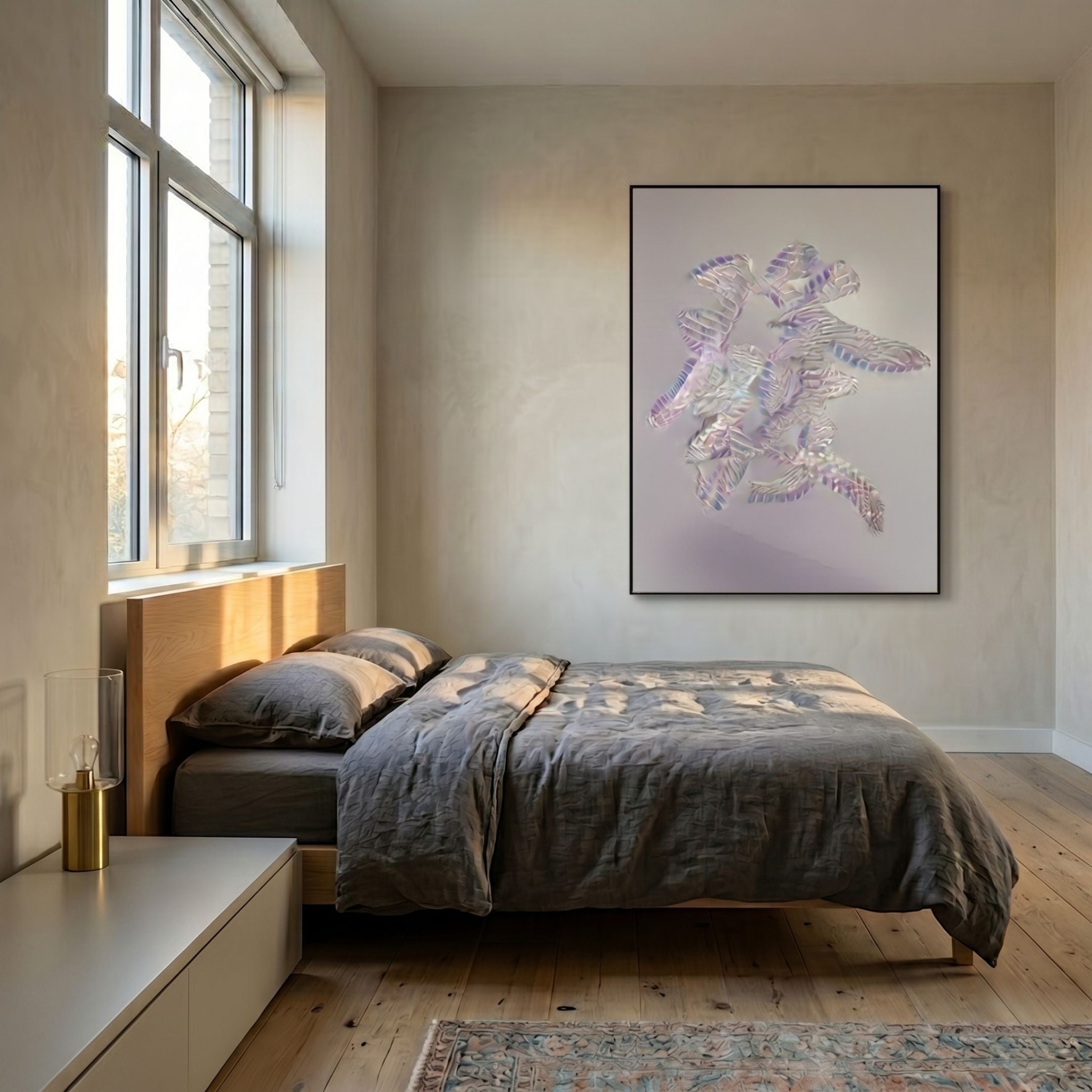 Holoira Bloom Form II Iridescent Ripple Acrylic 3D Wall Art in lavender and cyan tones above a wooden bed with grey linens in a sunlit bedroom.