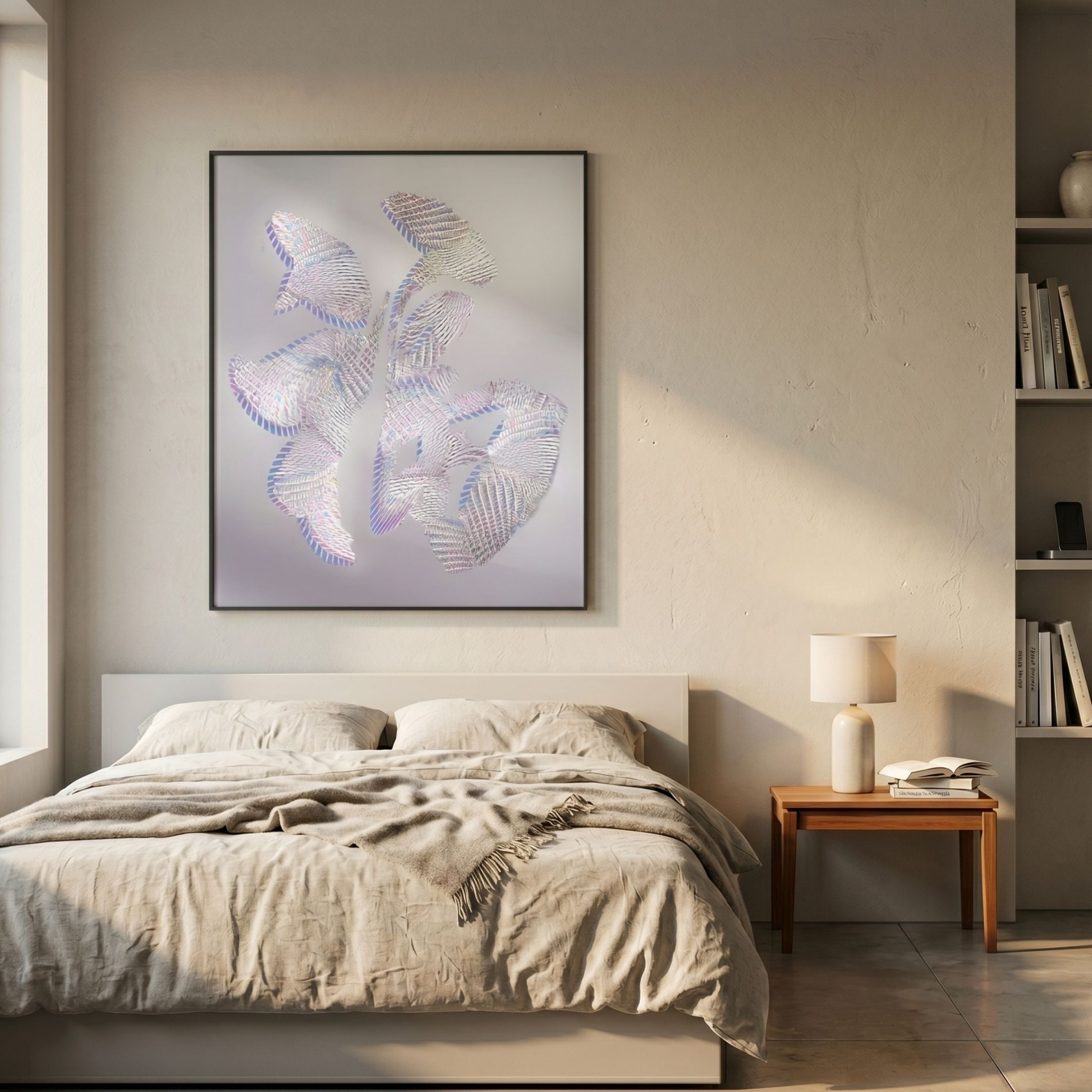 Holoira Bloom Form I Iridescent Ripple Acrylic 3D Wall Art in lilac, rose, and silver displayed above a linen-dressed bed in a sunlit neutral bedroom.