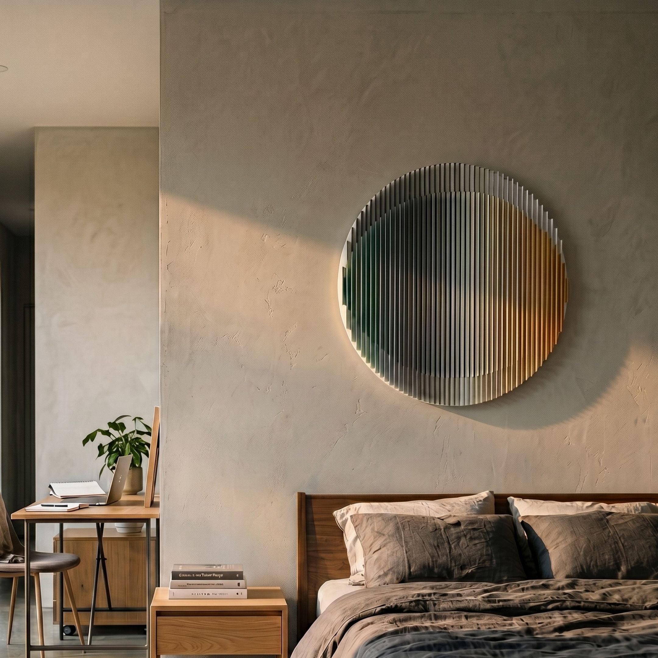 Sonorad Green & Amber Gradient Round Acrylic 3D Wall Art mounted on a textured beige bedroom wall above a wooden bed and desk with a potted plant.