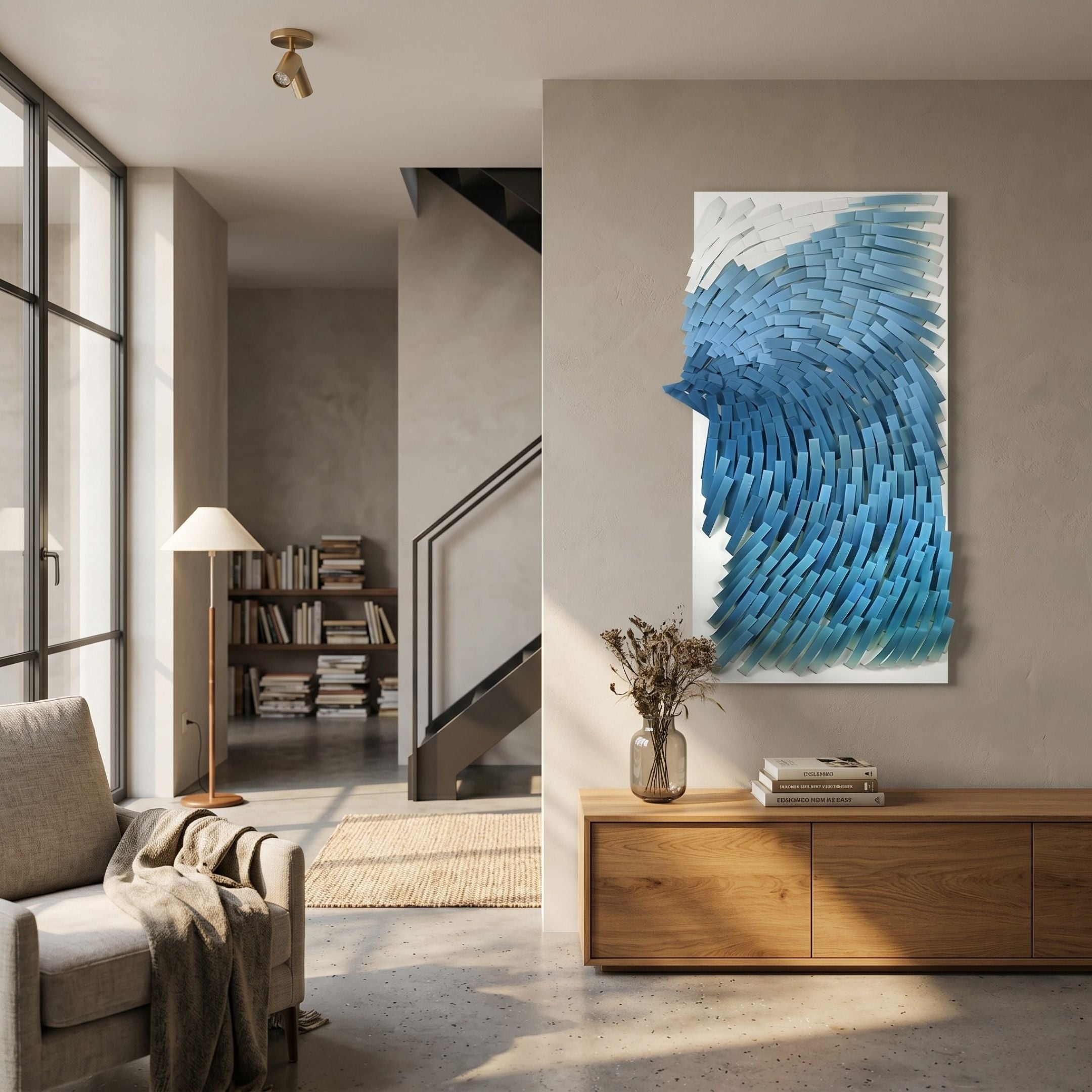 Avarin Sky Blue Wave Swirl Acrylic Tile 3D Wall Art by Giant Sculptures mounted above a wooden sideboard in a modern living room with armchair and bookshelf.