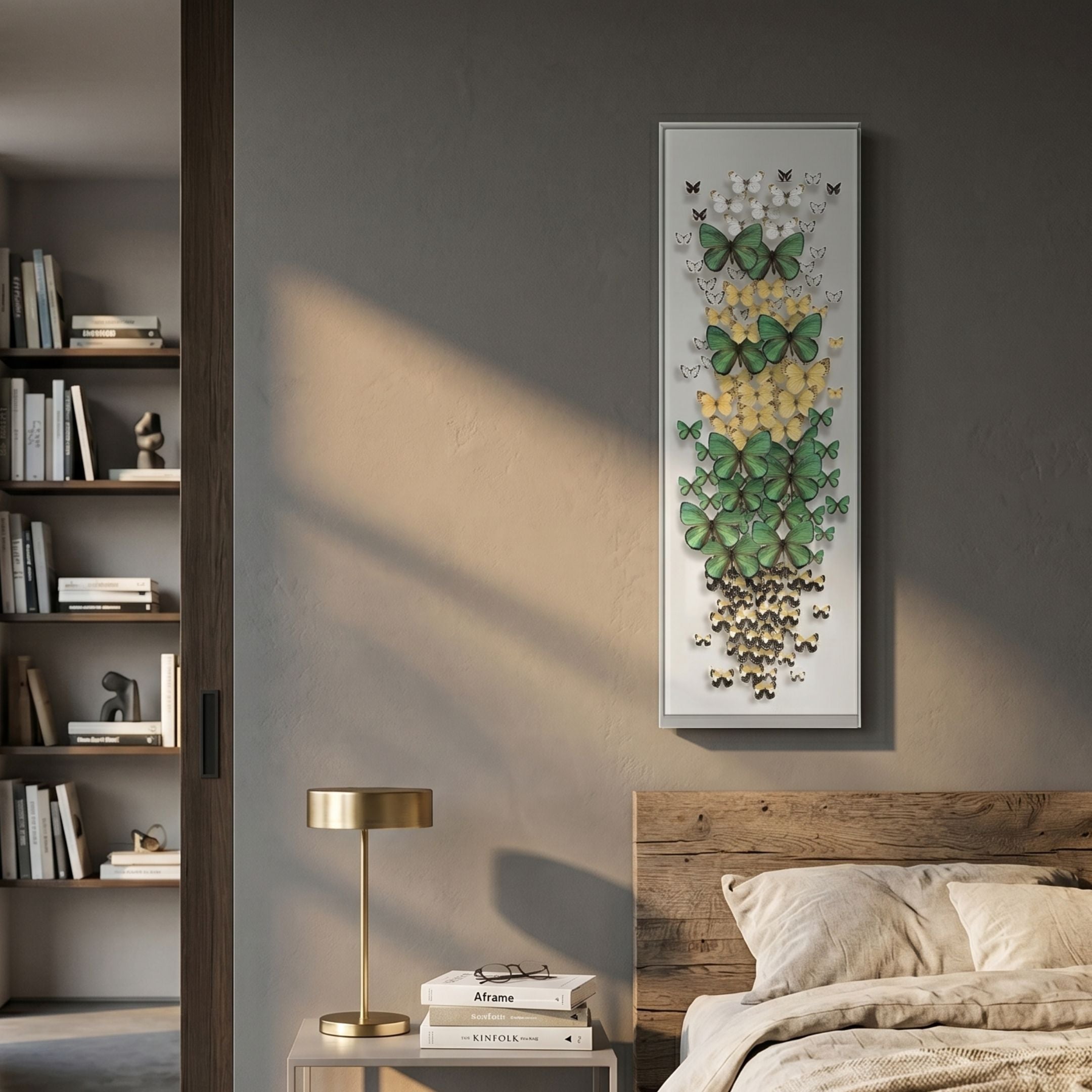 Papillora Green & Yellow Gradient Butterfly Acrylic 3D Wall Art by Giant Sculptures displayed vertically on a grey bedroom wall above a wooden bed and nightstand.